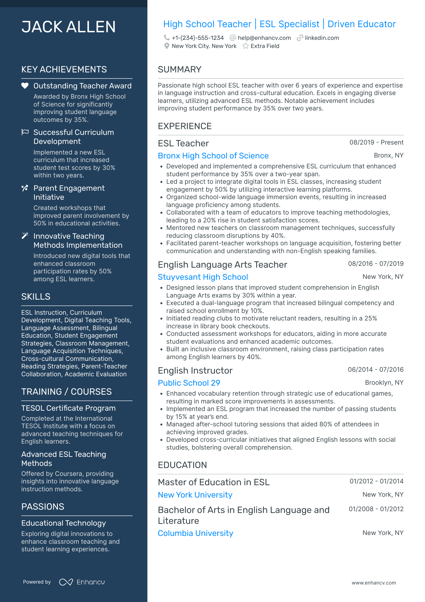 Entry Level High School Teacher Resume Example