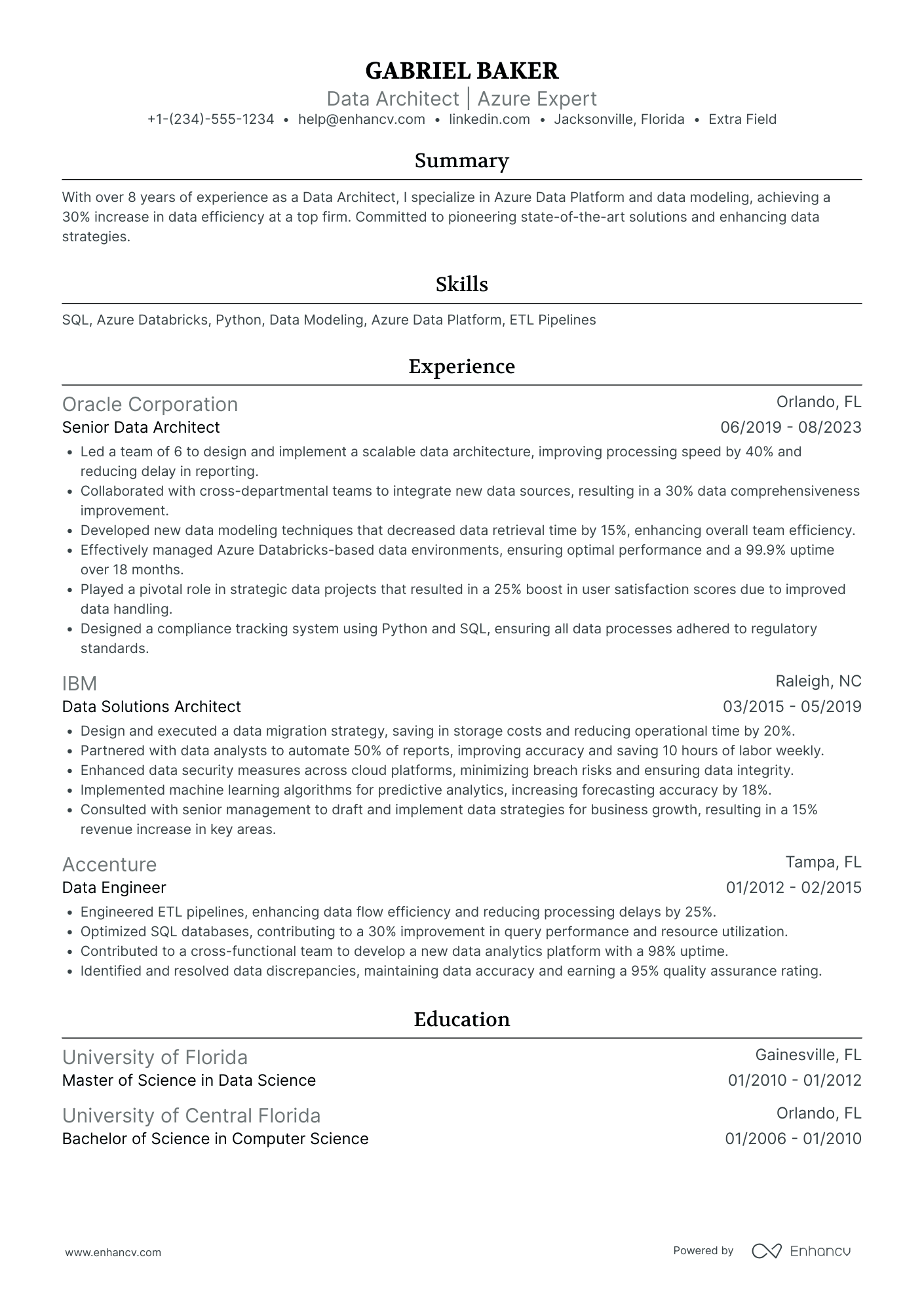 Data Architect Manager Resume Example