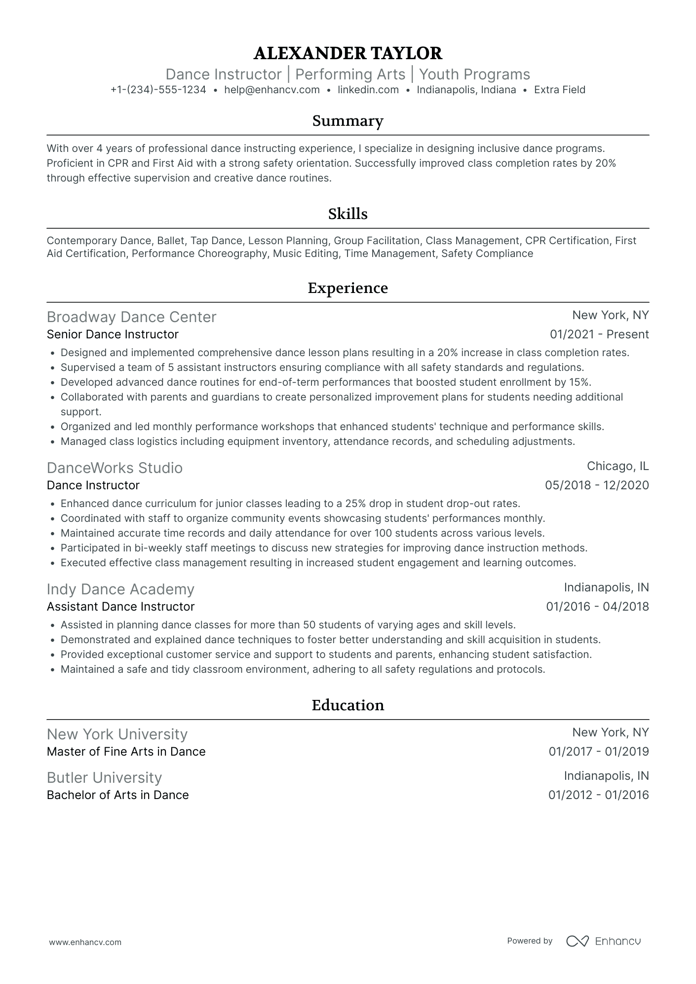 Dance Education Coordinator Resume Example