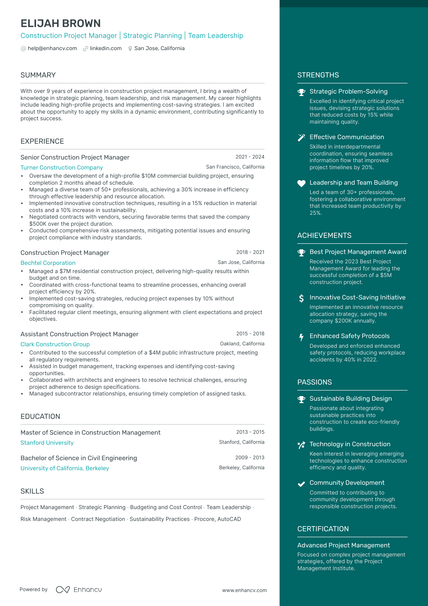 Construction Project Manager Resume Example