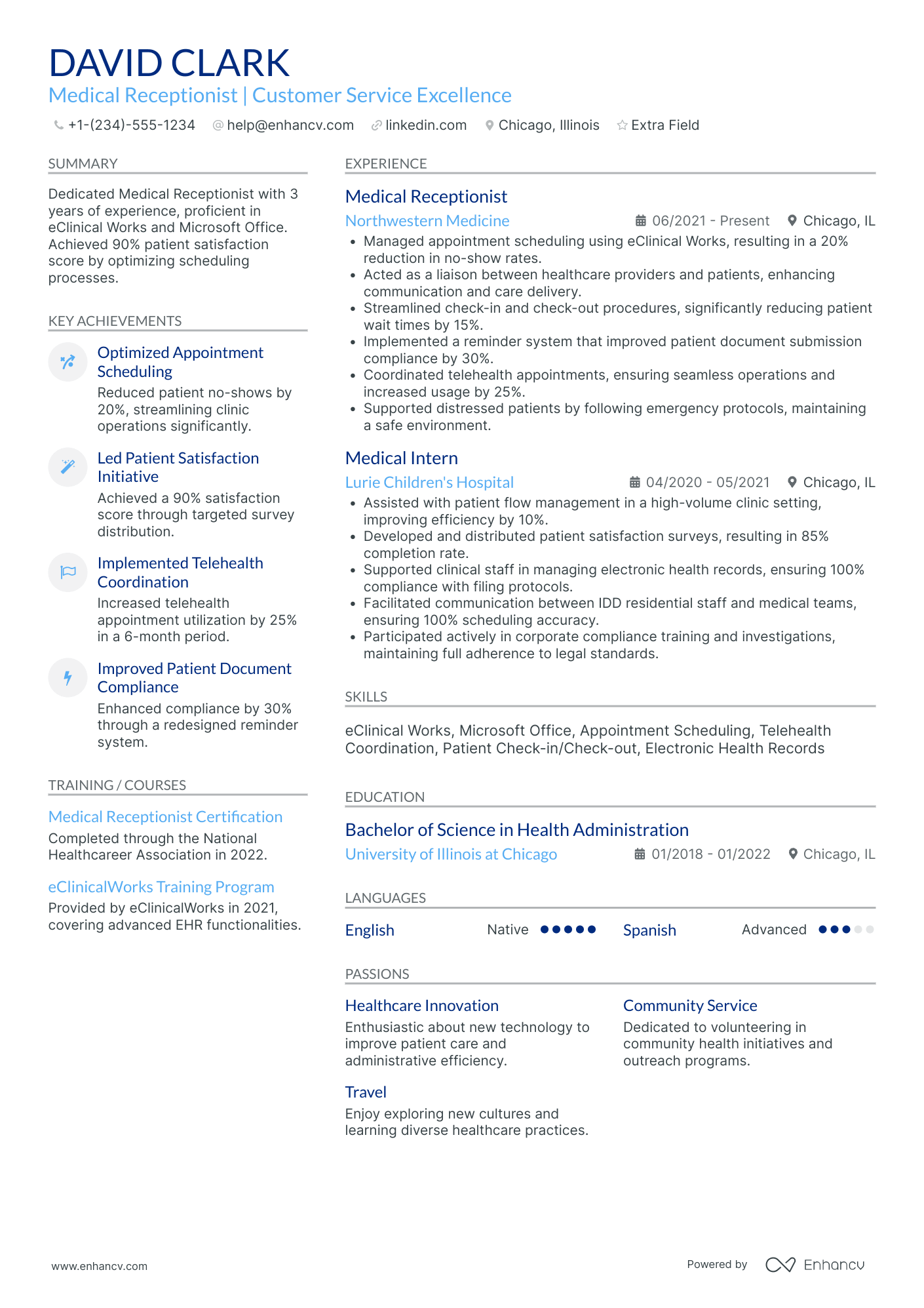 Junior Medical Receptionist Resume Example