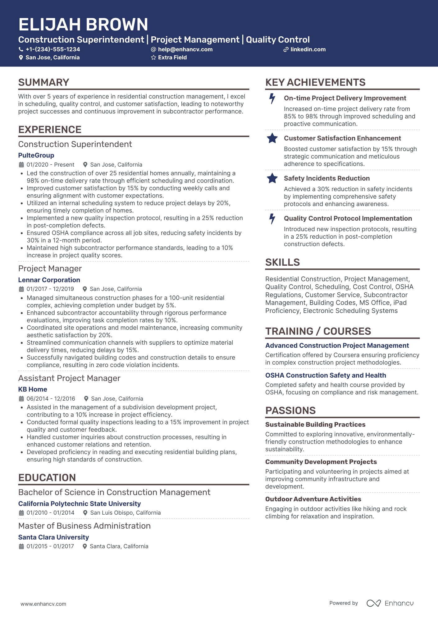 Residential Construction Superintendent Resume Example