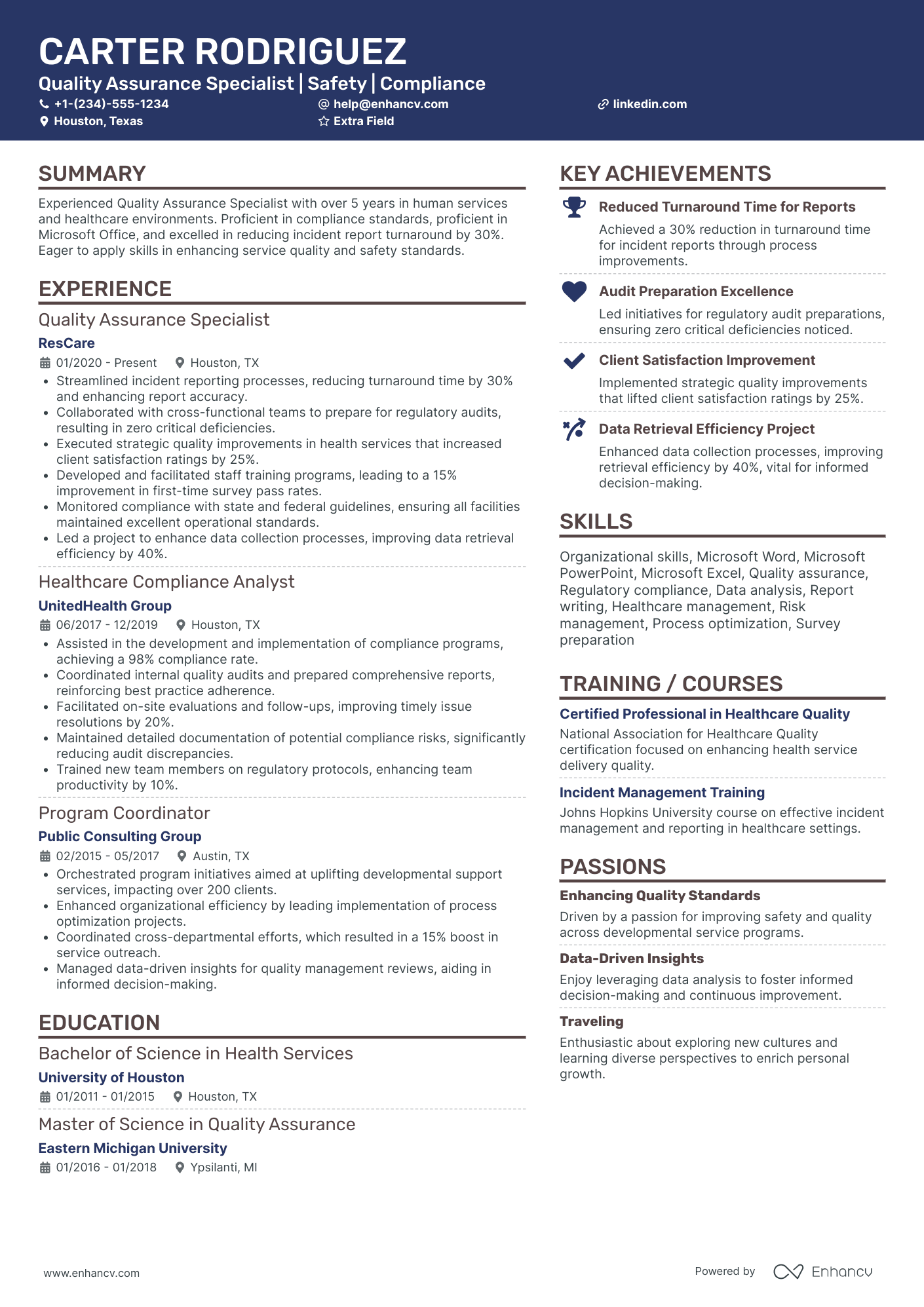 Healthcare Quality Assurance Specialist Resume Example