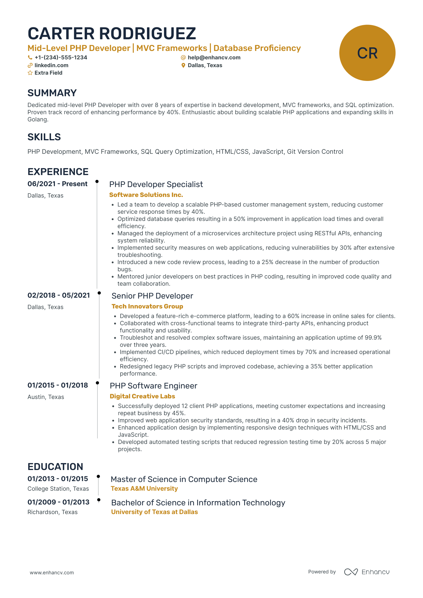 Mid Level PhP Developer Resume Example