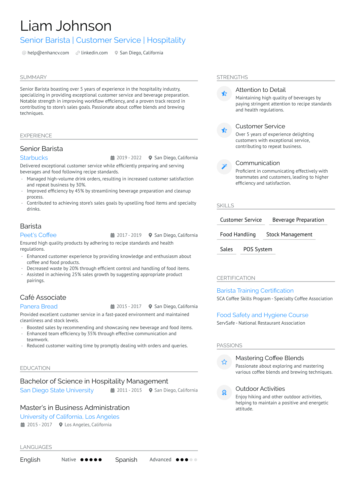 Senior Barista Resume Example