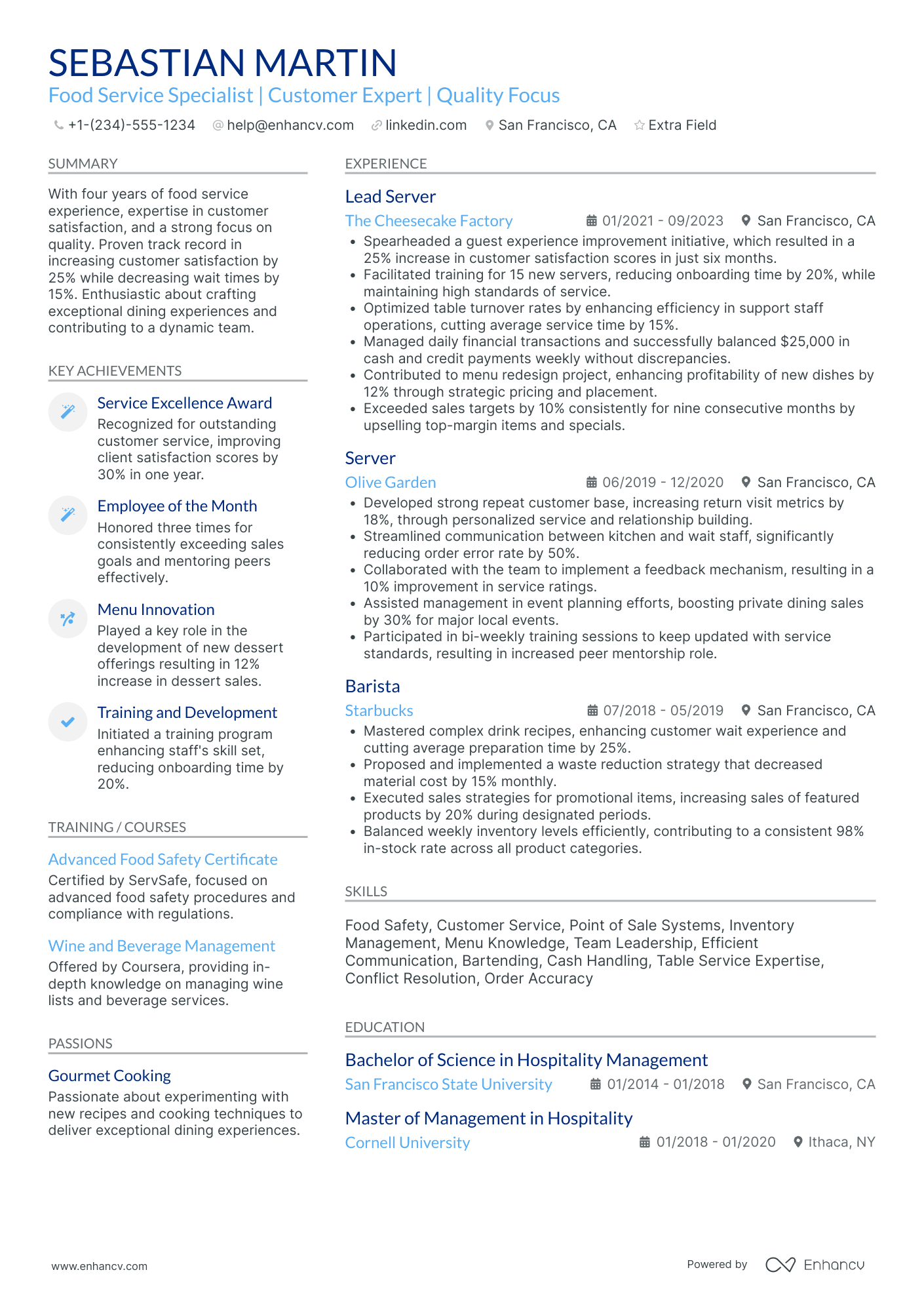 Fine Dining Server Trainee Resume Example