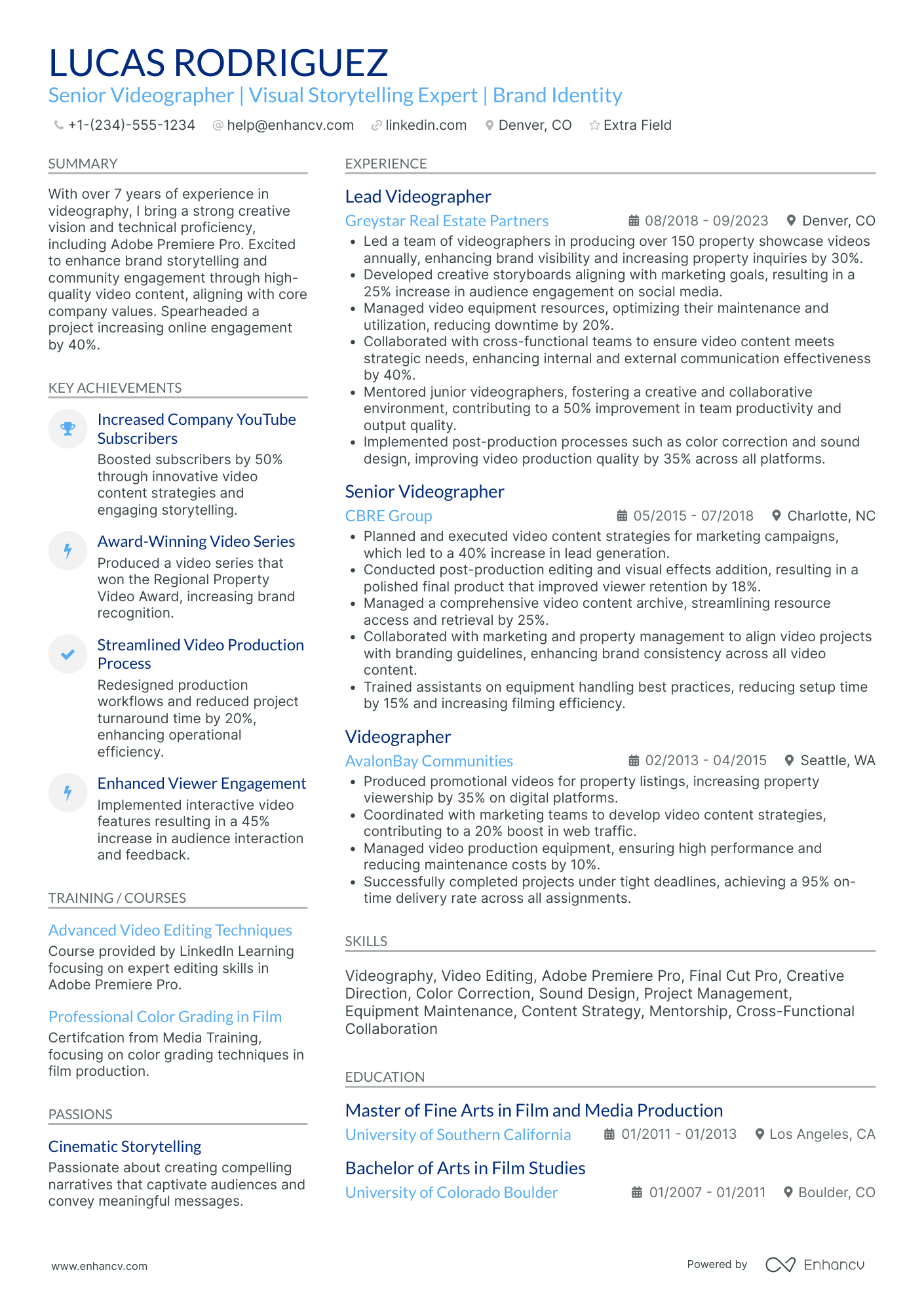 Senior Cinematographer Resume Example