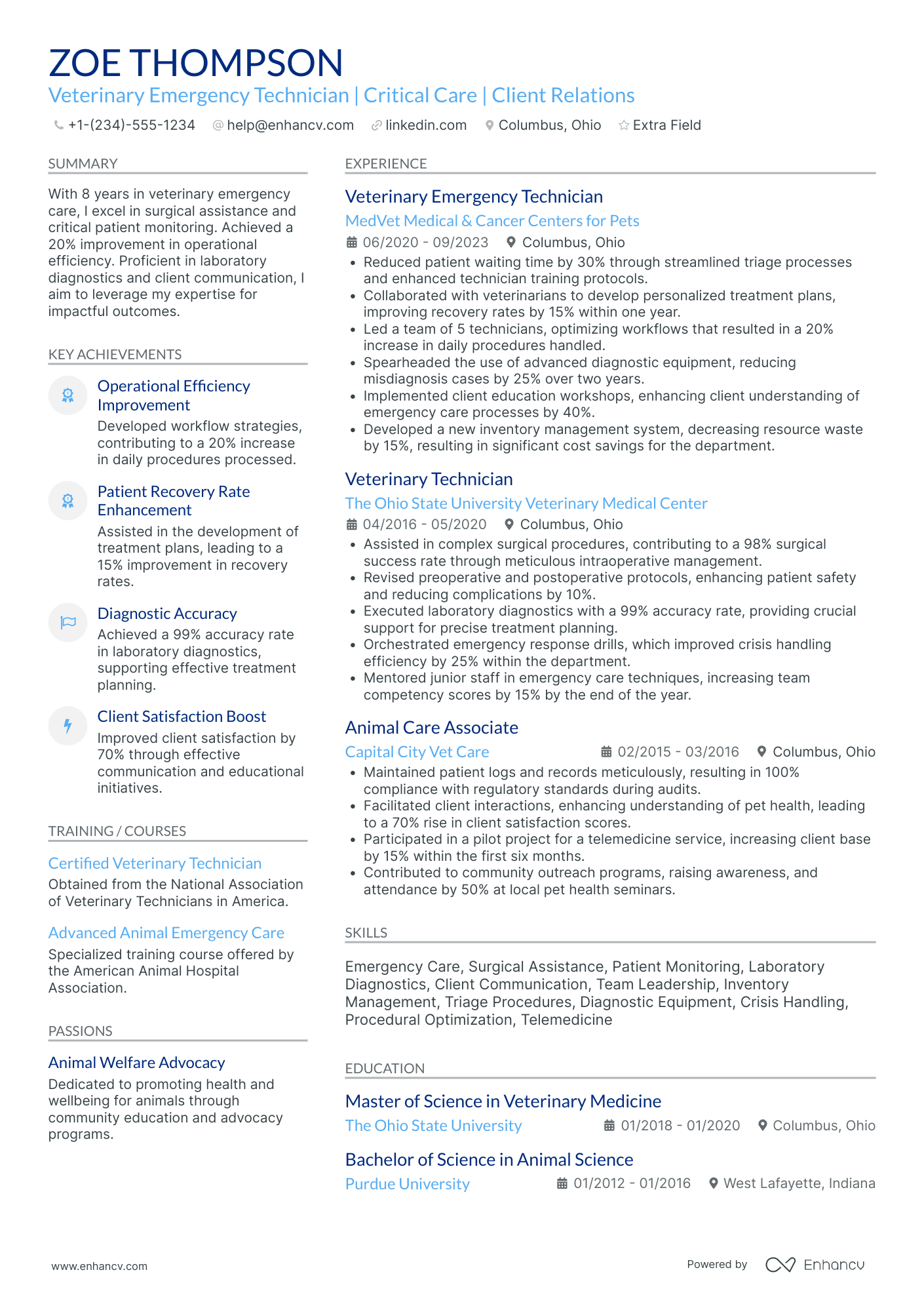 Veterinary Emergency Technician Resume Example