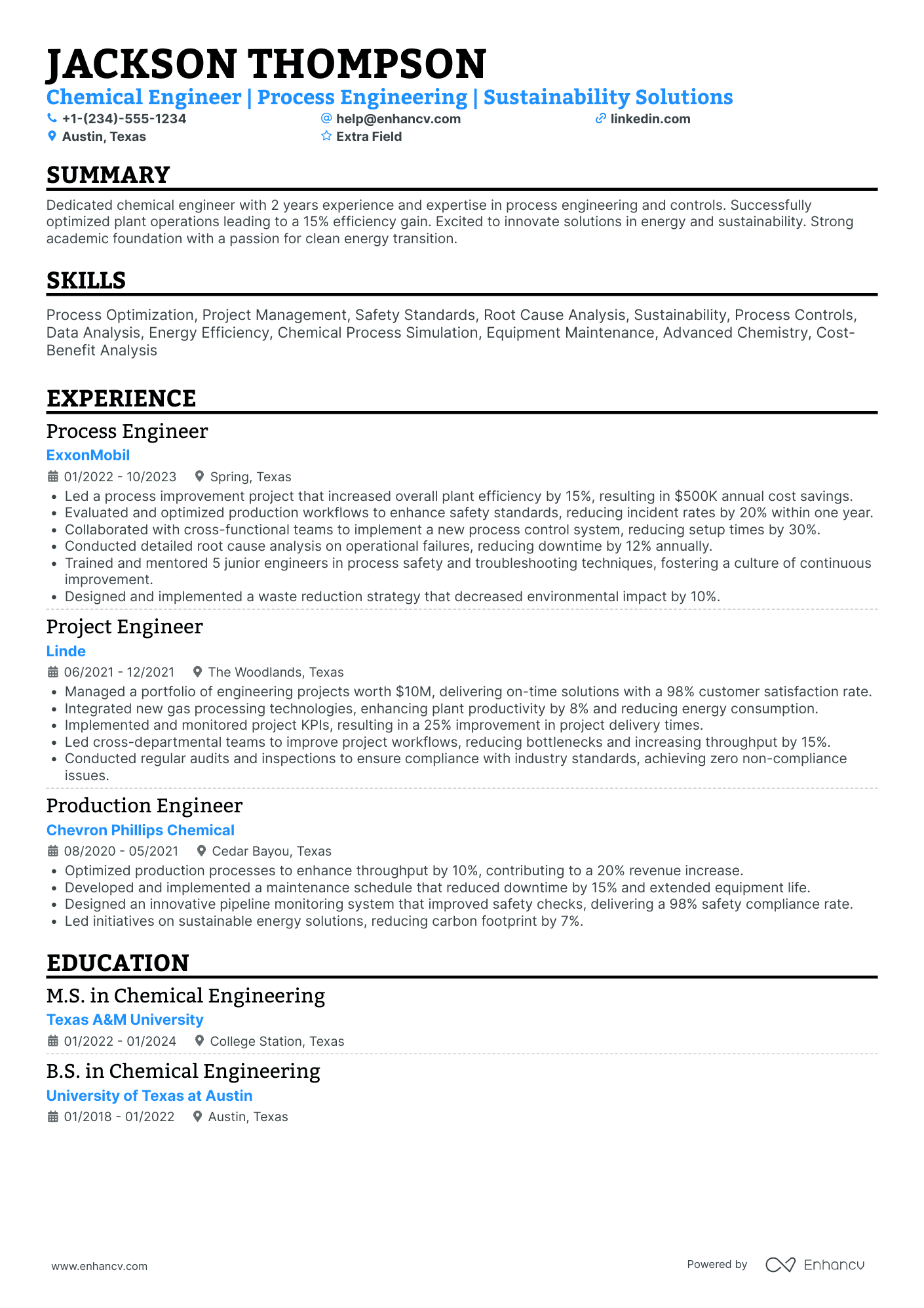 Entry Level Chemical Engineer Resume Example