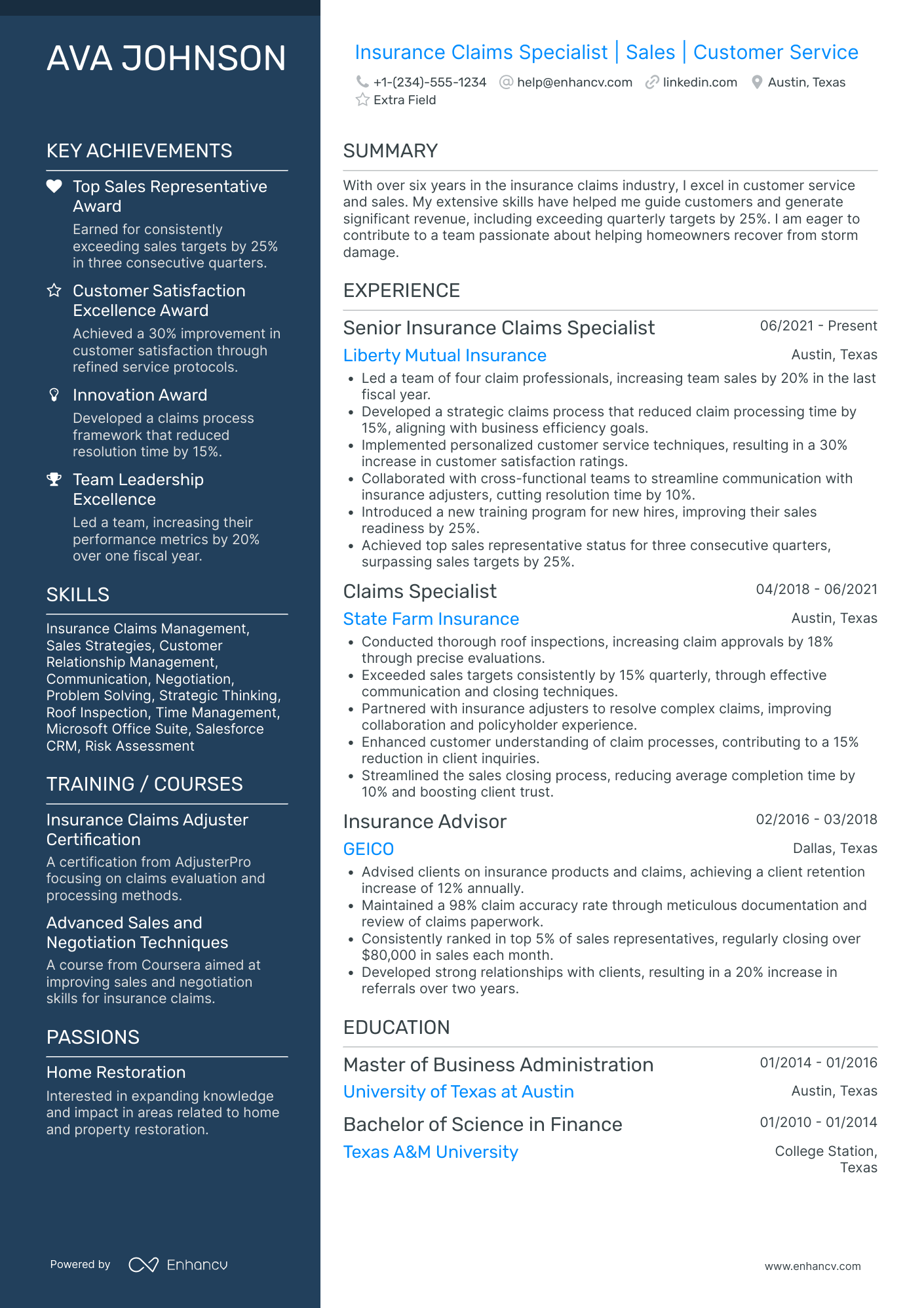 Marine Insurance Sales Specialist Resume Example