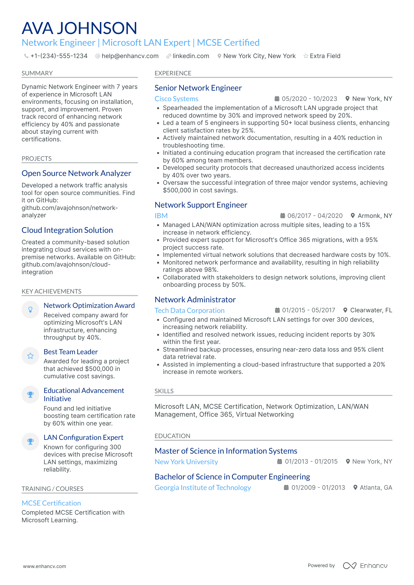 Microsoft Network Engineer Resume Example