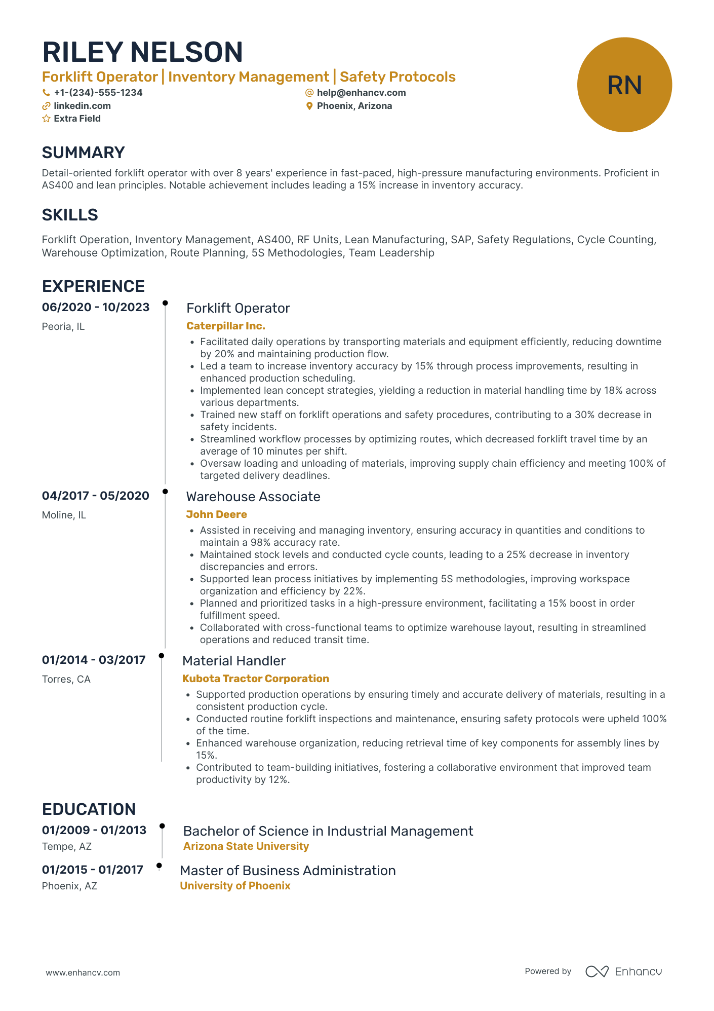 Full Time Forklift Operator Resume Example