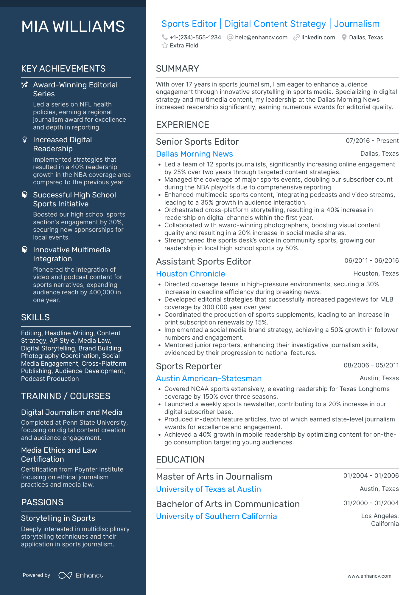 Sports Editor Resume Example