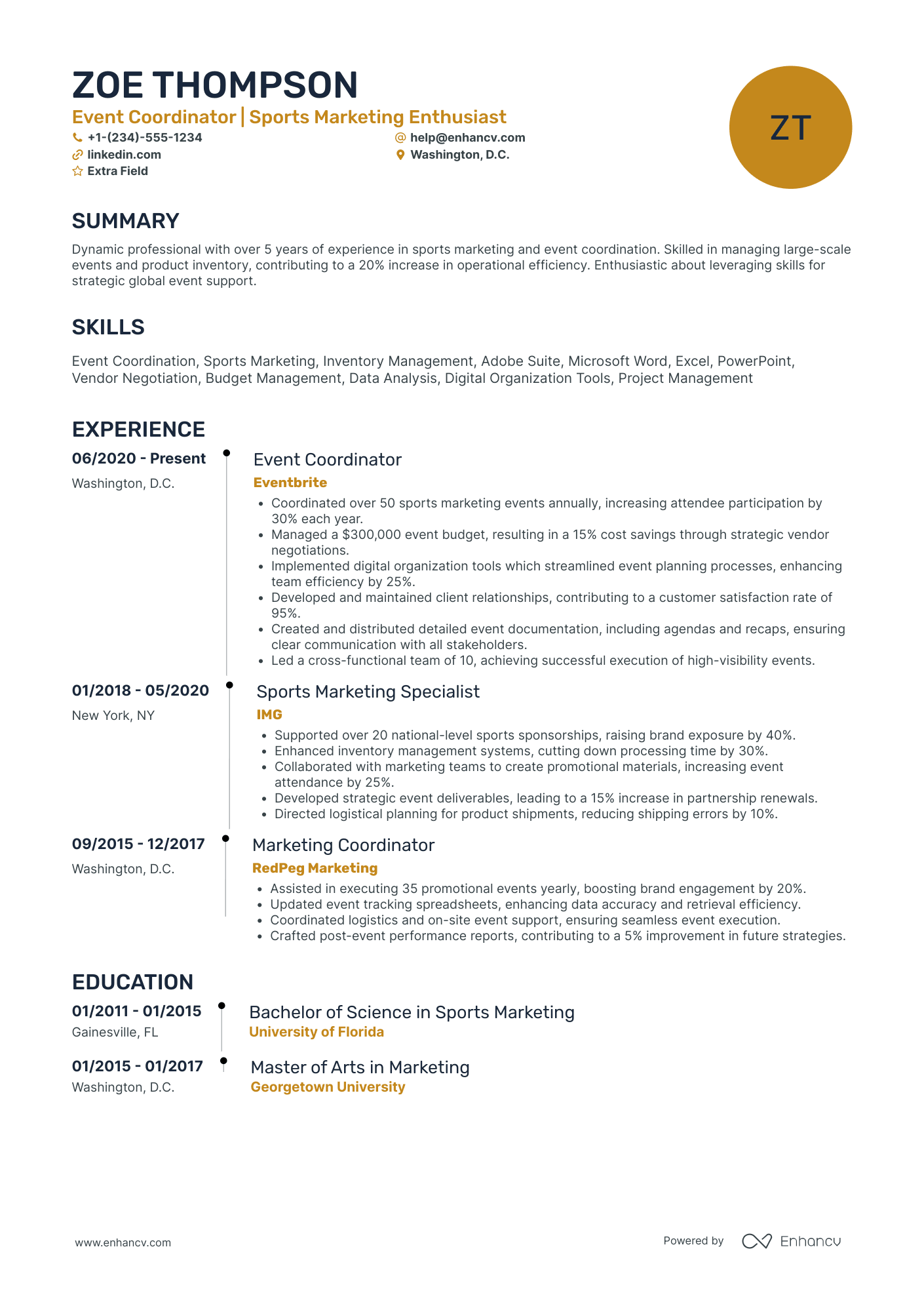 Sports Event Coordinator Resume Example