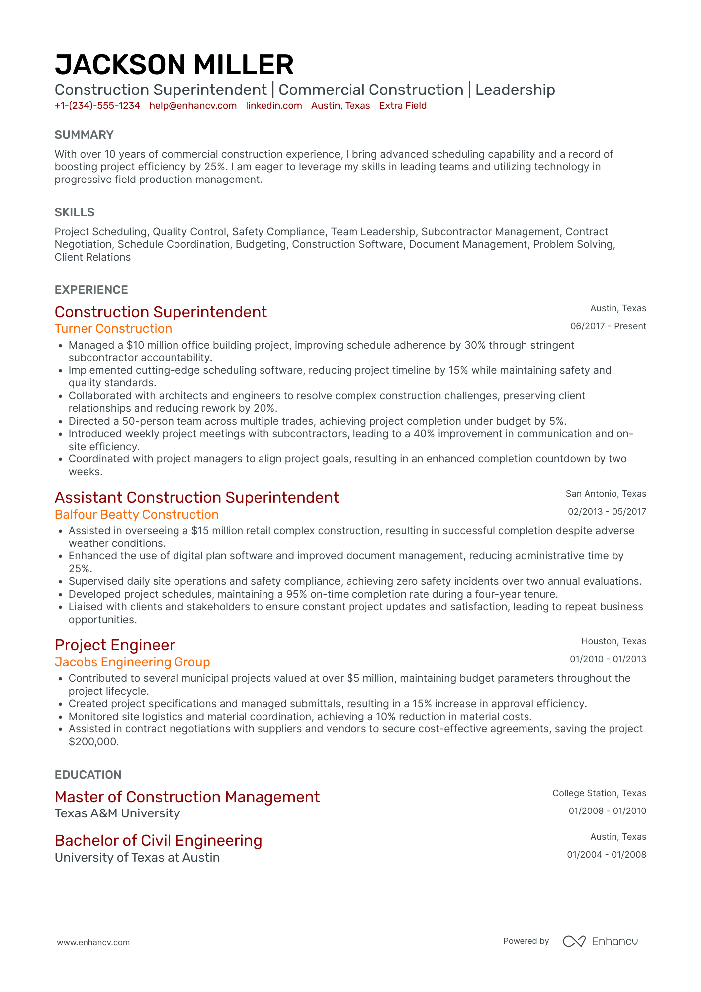 Traveling Construction Superintendent Resume Example