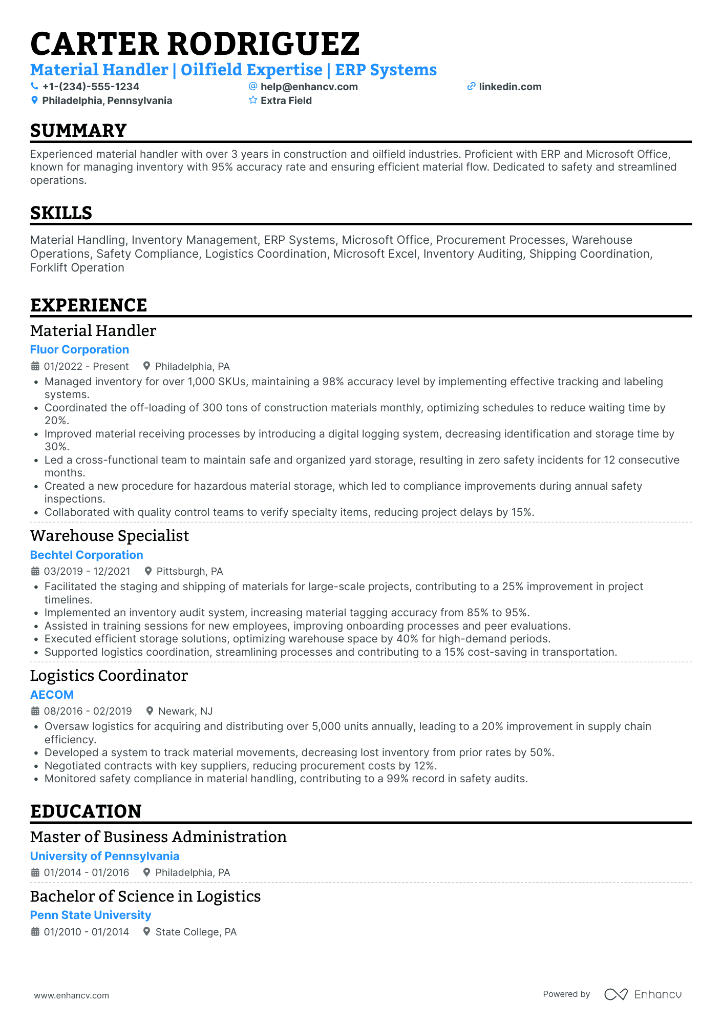 Construction Material Handler Resume Example