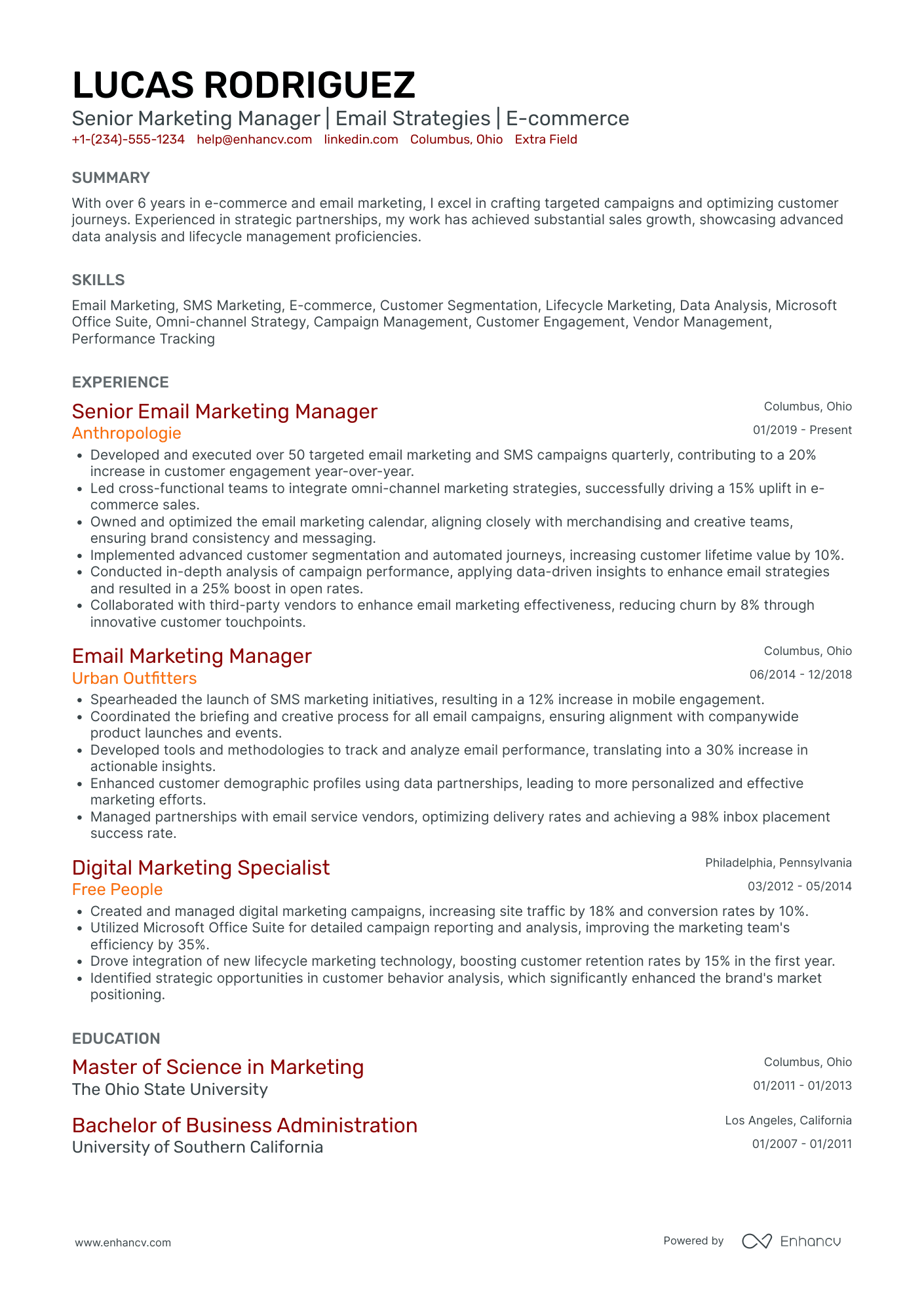 Senior Email Marketing Manager Resume Example