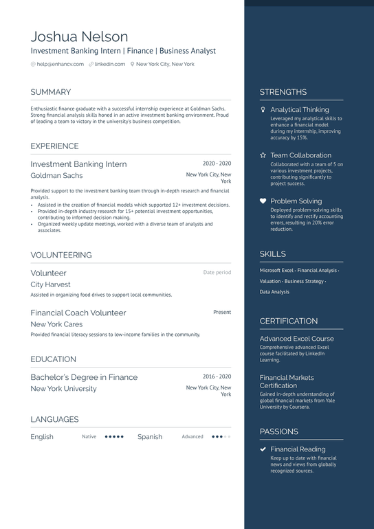 Entry Level Investment Banking Resume Example
