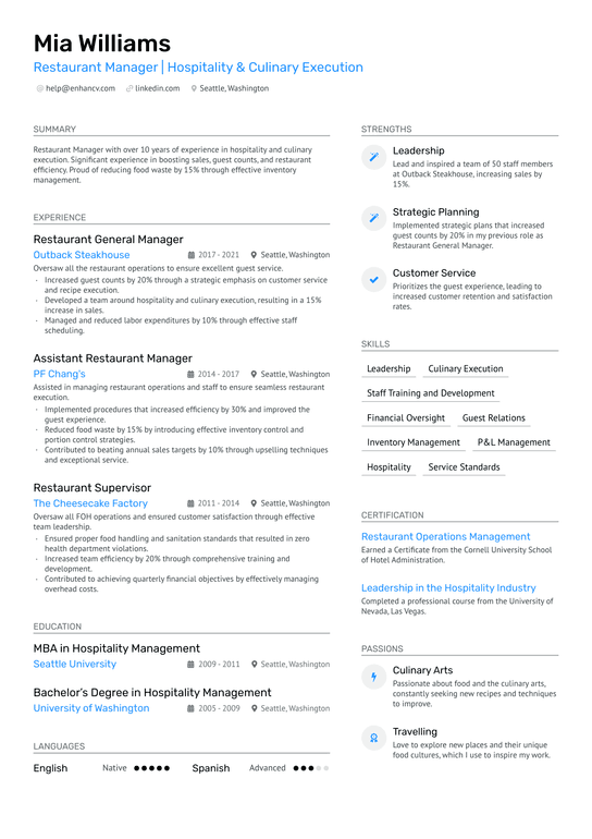 Pizza Restaurant Manager Resume Example
