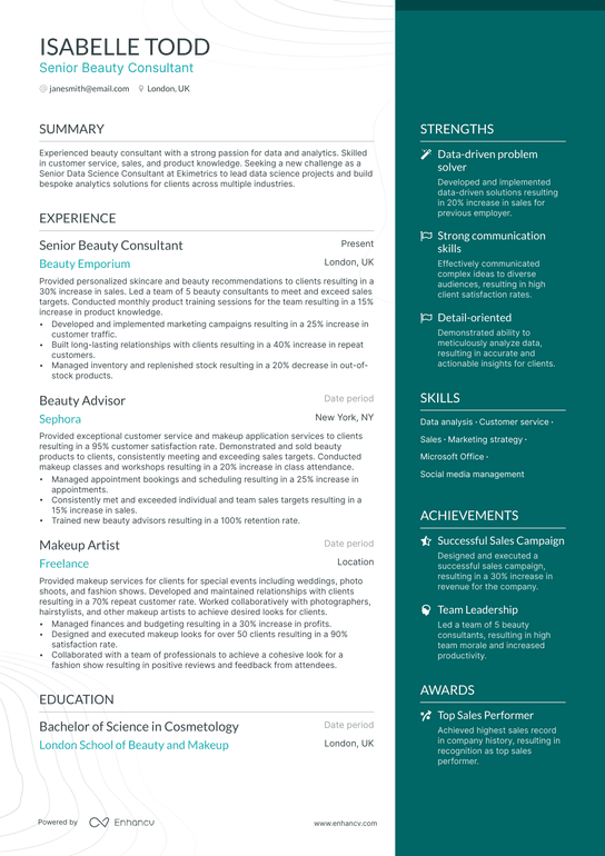 Beauty Consultant Resume Example