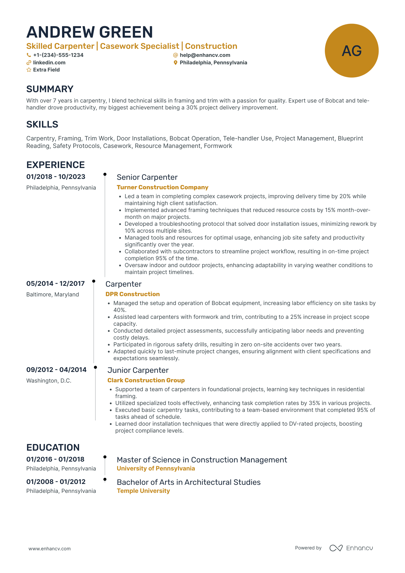 Commercial Carpenter Resume Example