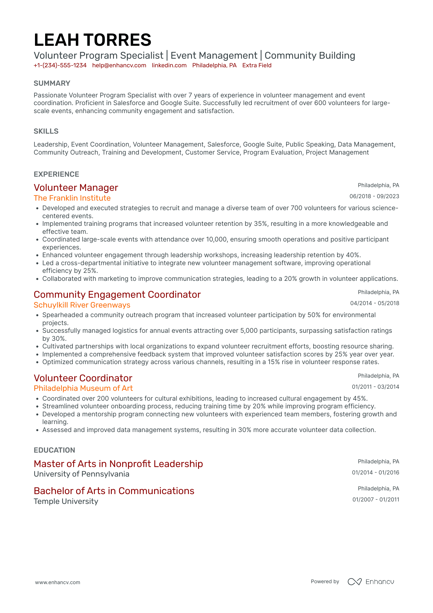 Non Profit Volunteer Coordinator Resume Example