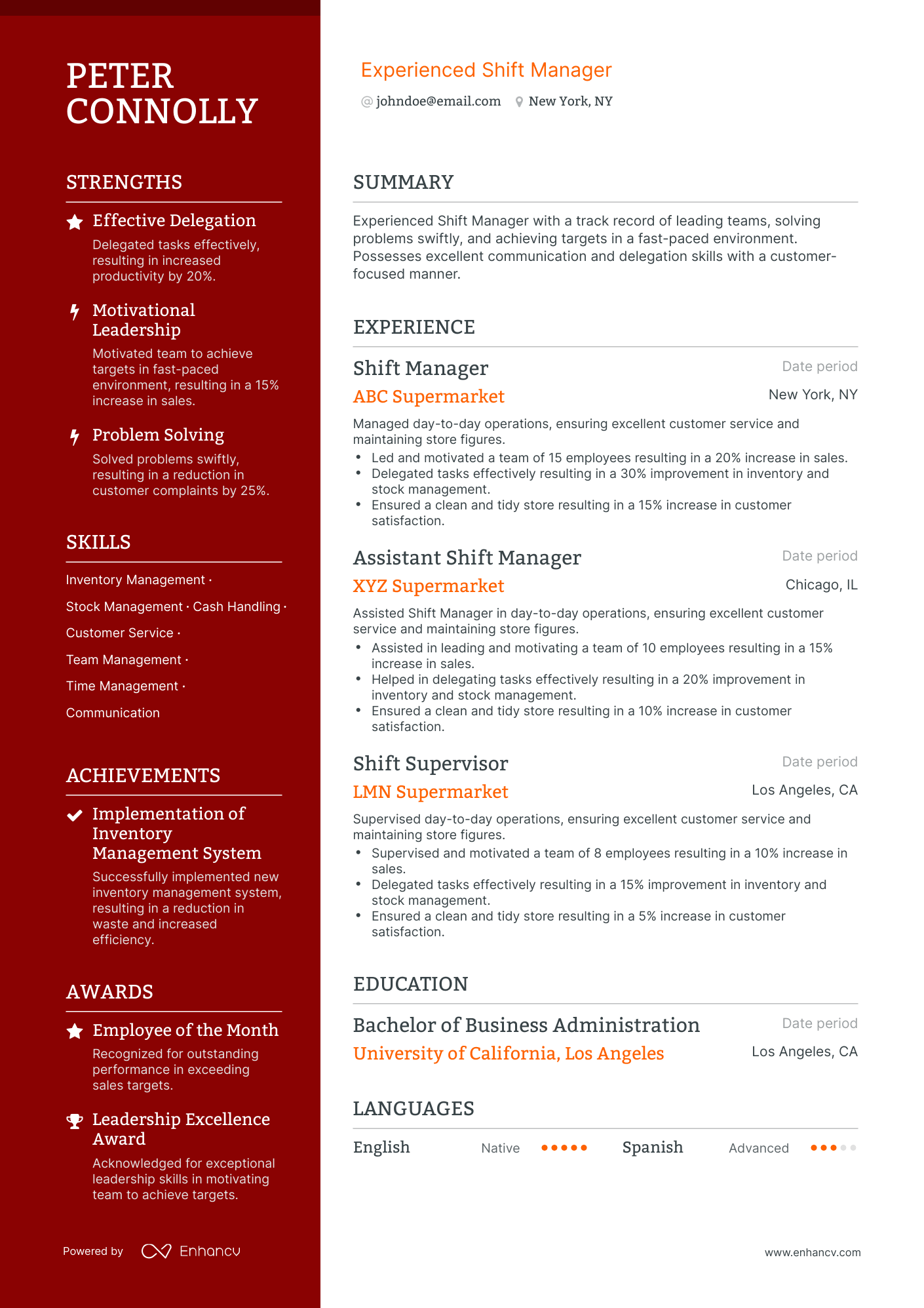 resume summary for restaurant shift manager