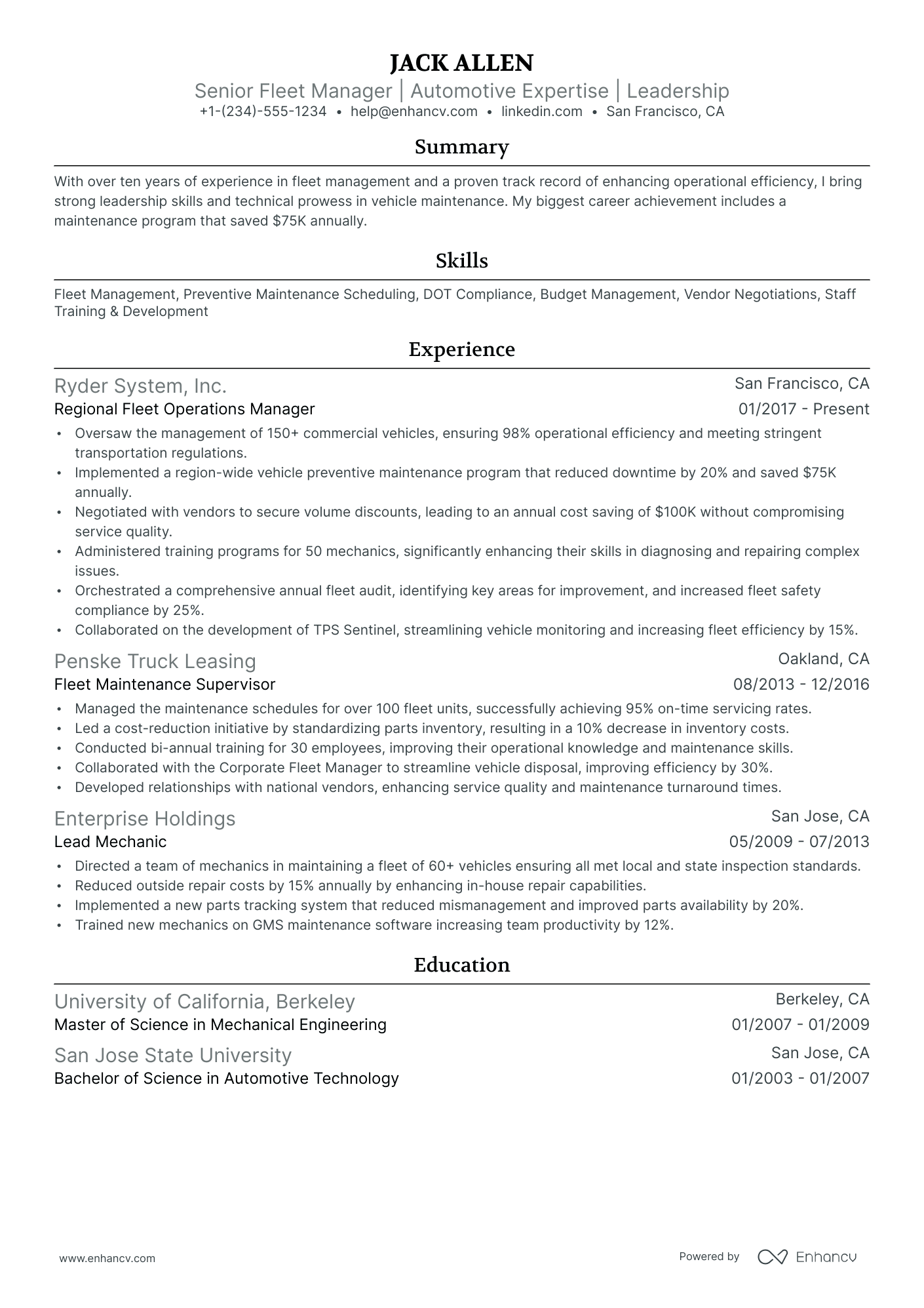 10 Fleet Manager Resume Examples & Guide for 2025