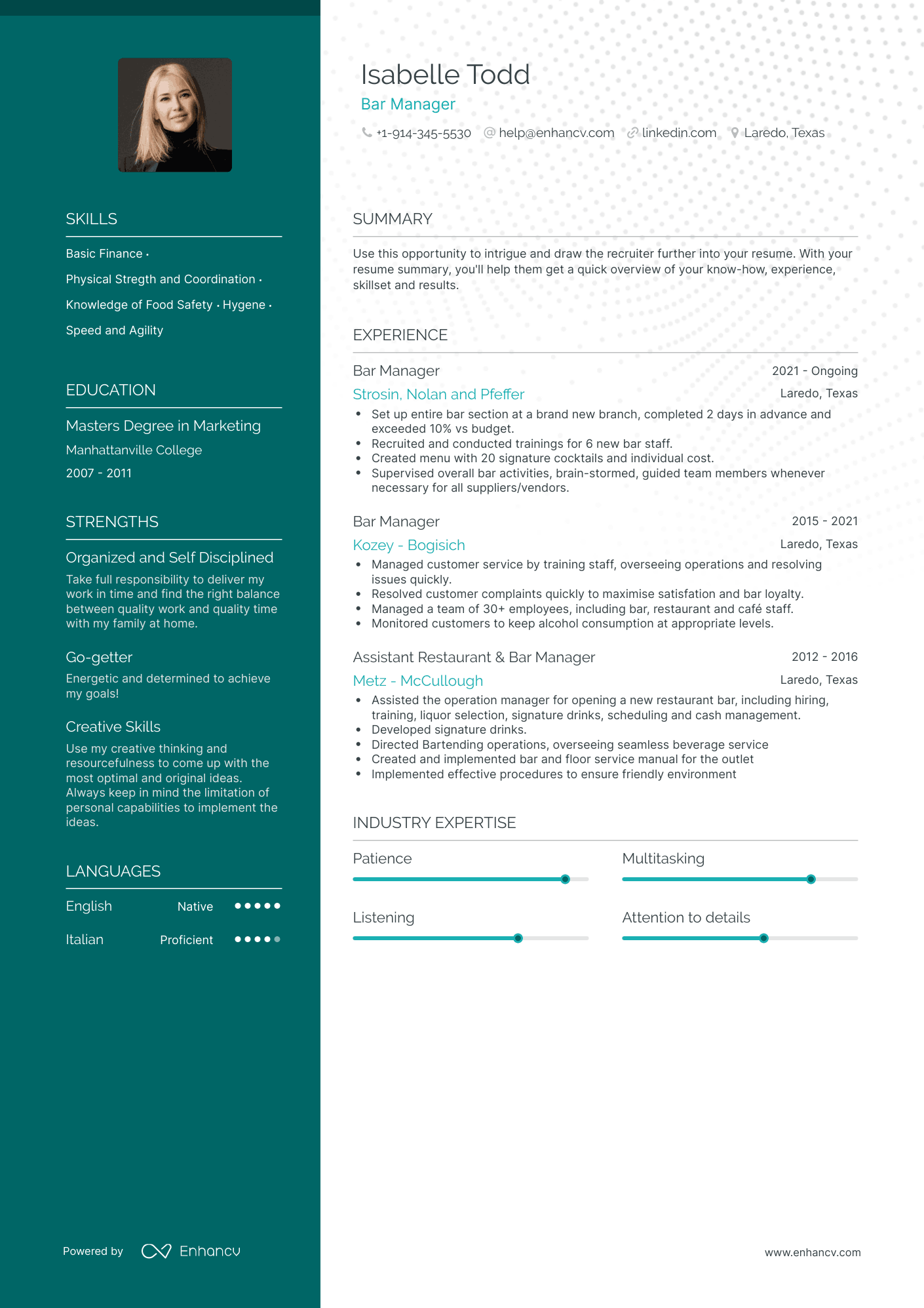 Bar Manager Resume Examples & Guide for 2023 (Layout, Skills, Keywords ...