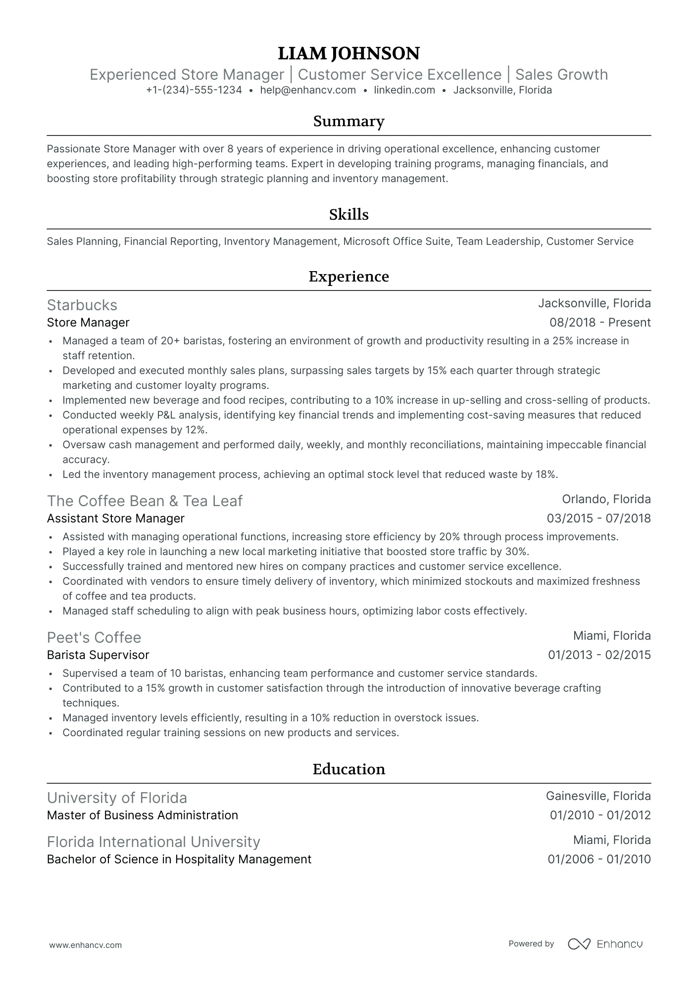 10 Starbucks Store Manager Resume Examples & Guide for 2026