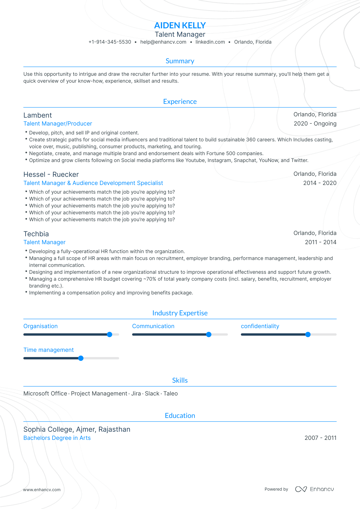 Talent Manager Resume Examples & Guide for 2023 (Layout, Skills ...