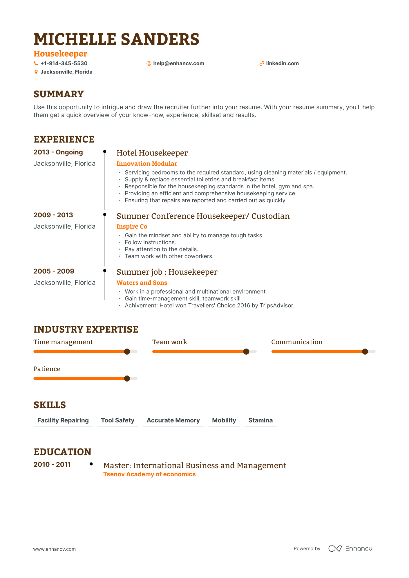 Housekeeper Resume Examples | Pro Tips Featured | Enhancv (Layout ...