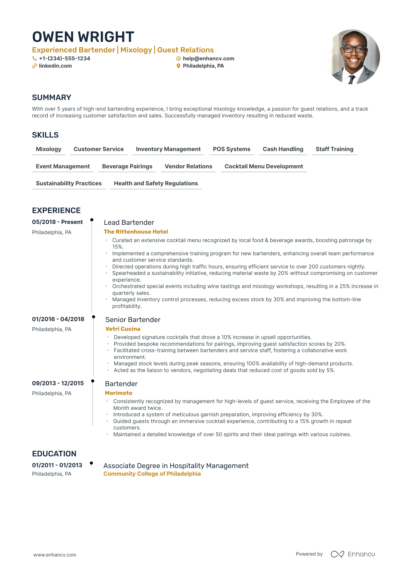 5 Fine Dining Bartender Resume Examples & Guide for 2024