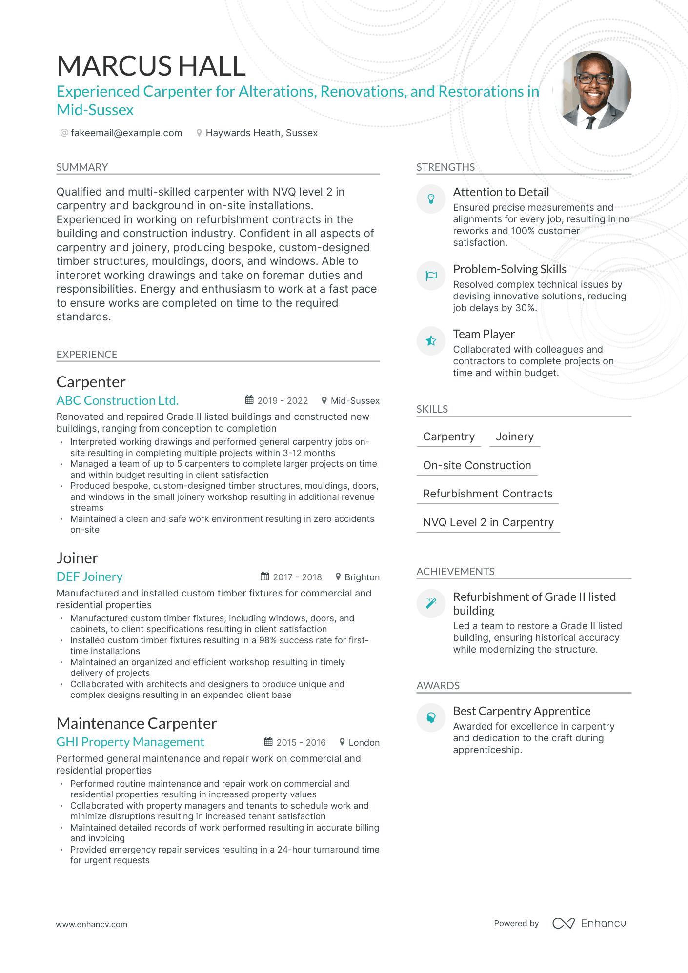 TOP Carpenter Resume Examples & Samples for 2023 | Enhancv.com (Layout ...