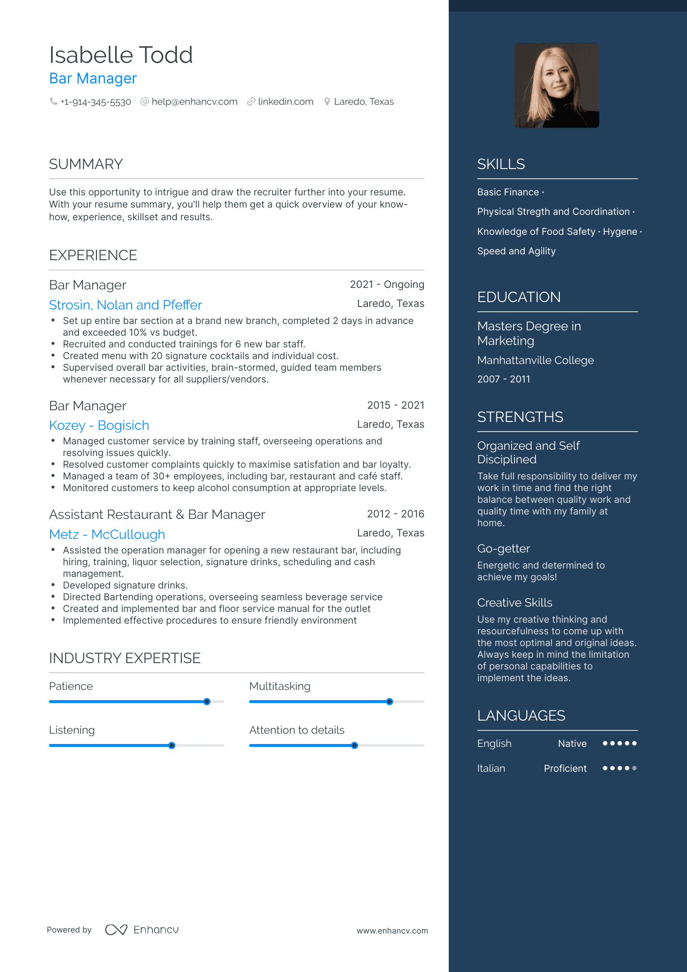 Bar Manager Resume Examples & Guide for 2023 (Layout, Skills, Keywords ...