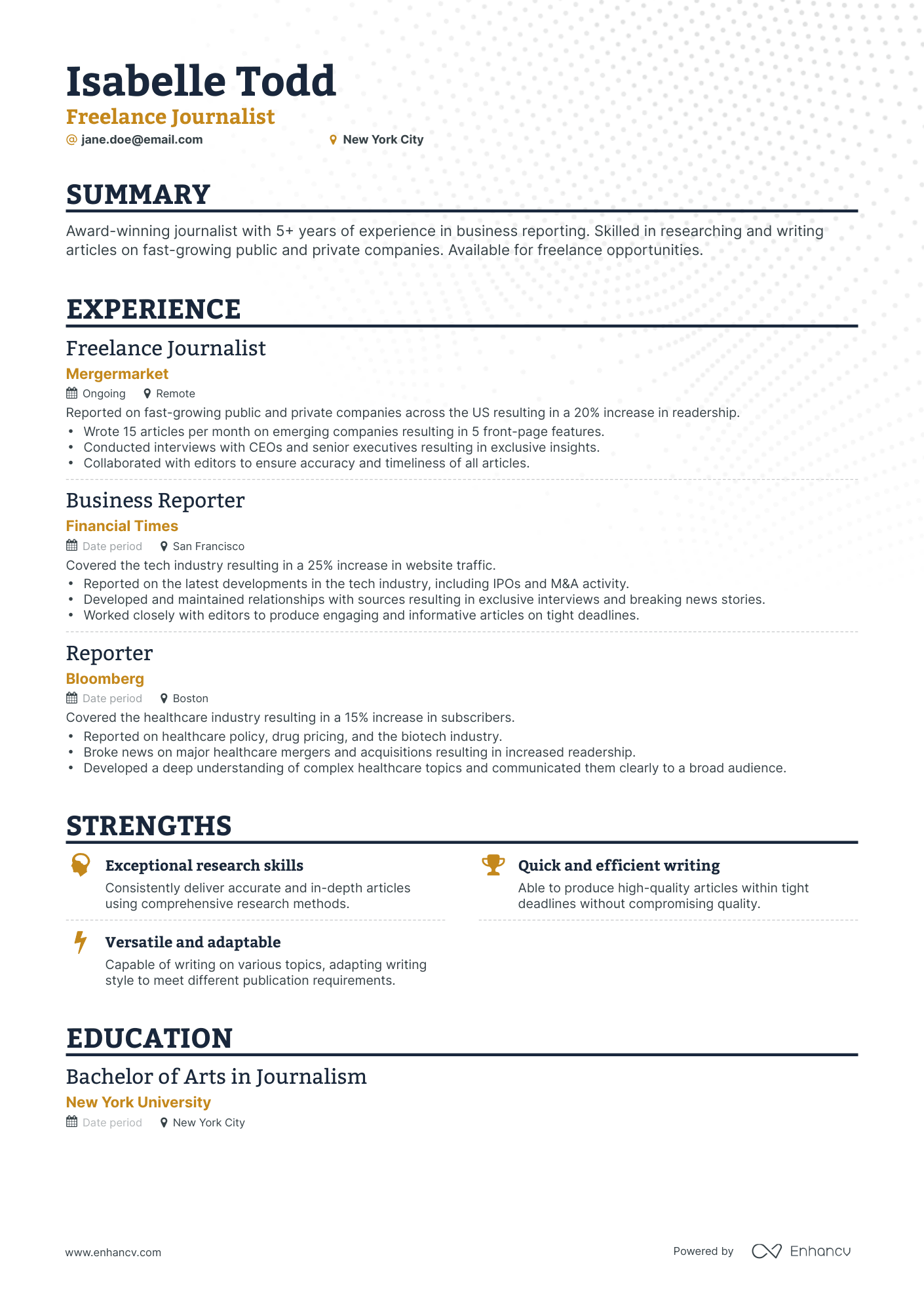 5 Freelance Journalist Resume Examples & Guide for 2024