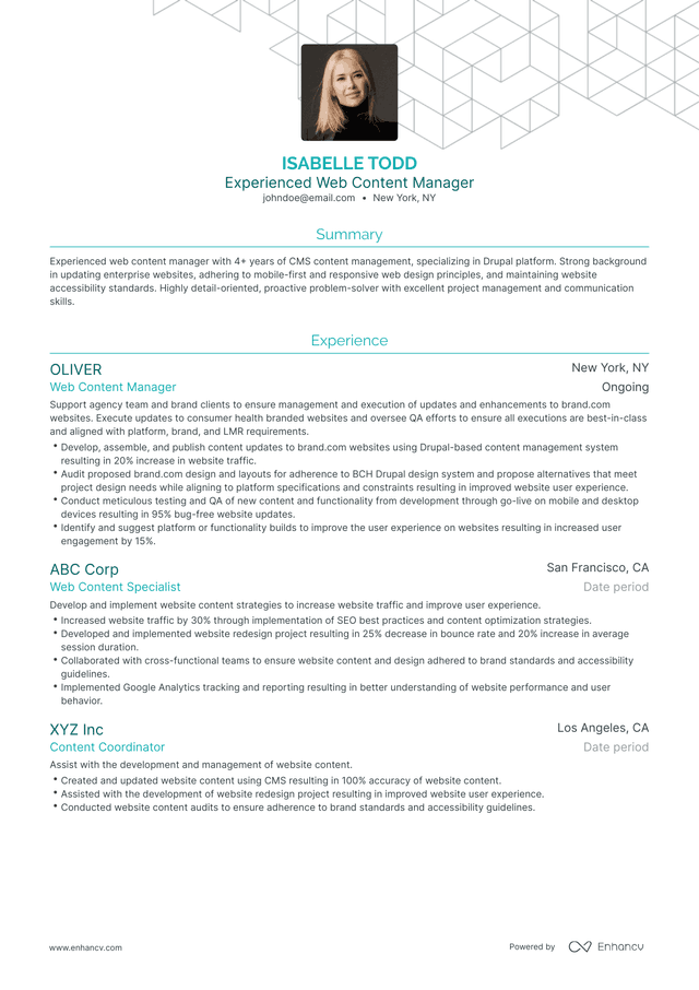 web content manager resume