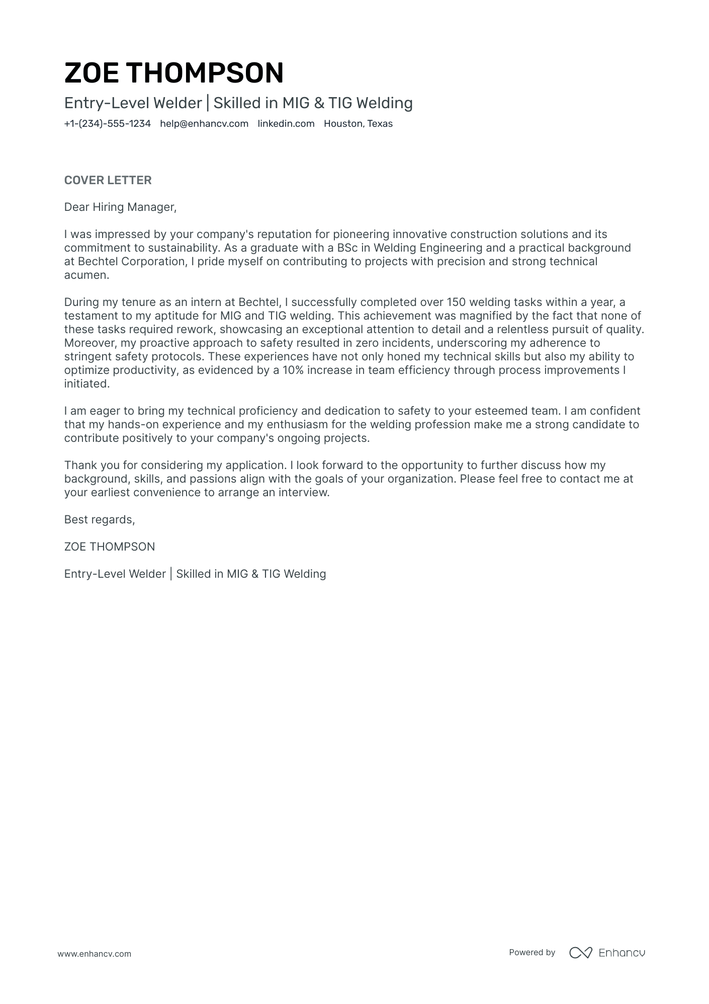 5 Professional Welder Cover Letter Examples and Template for 2025 | Enhancv