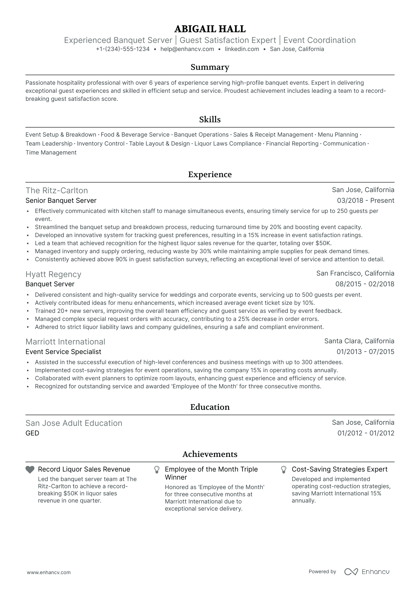 5 Banquet Server Resume Examples & Guide For 2024