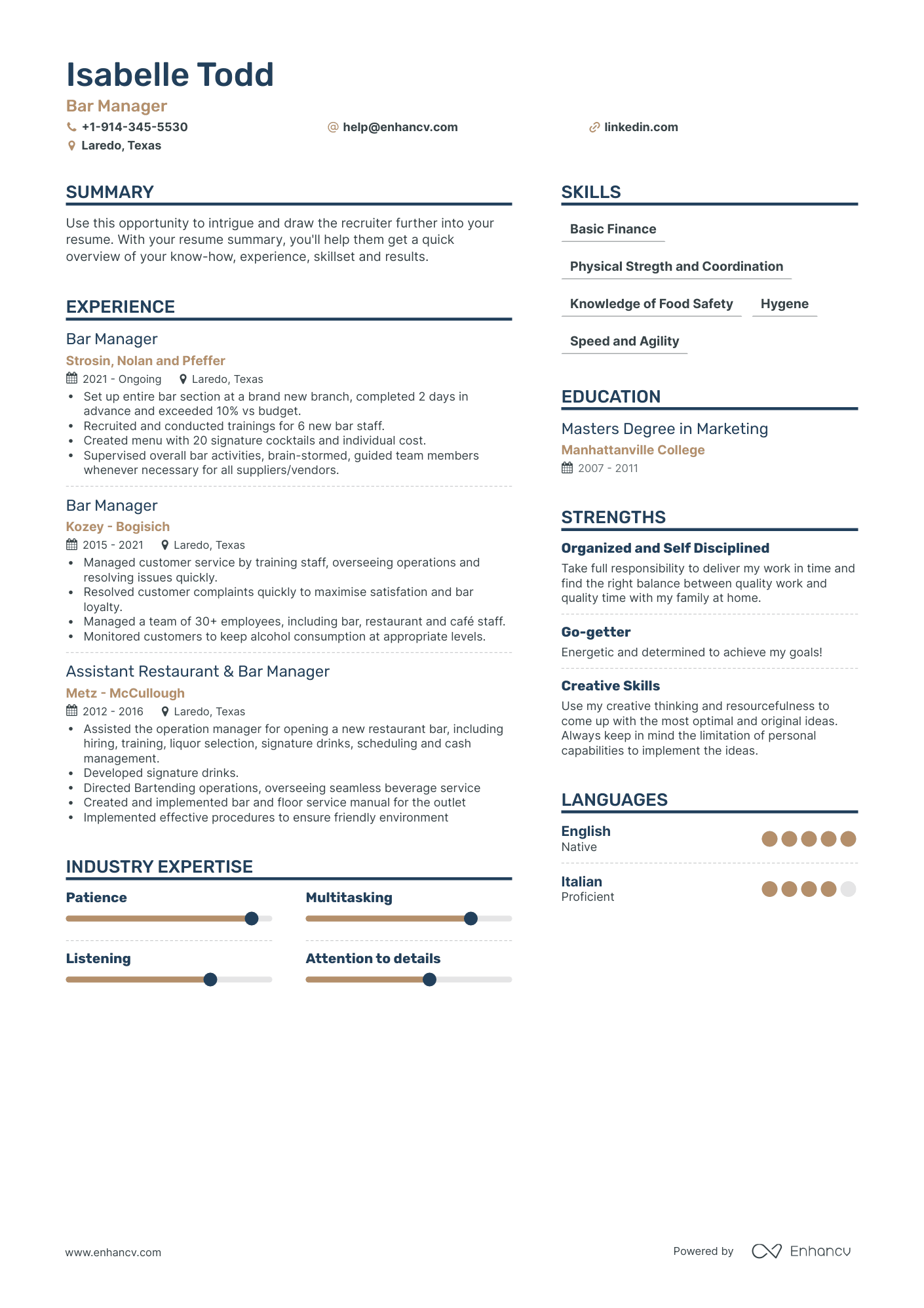 Bar Manager Resume Examples & Guide for 2023 (Layout, Skills, Keywords ...