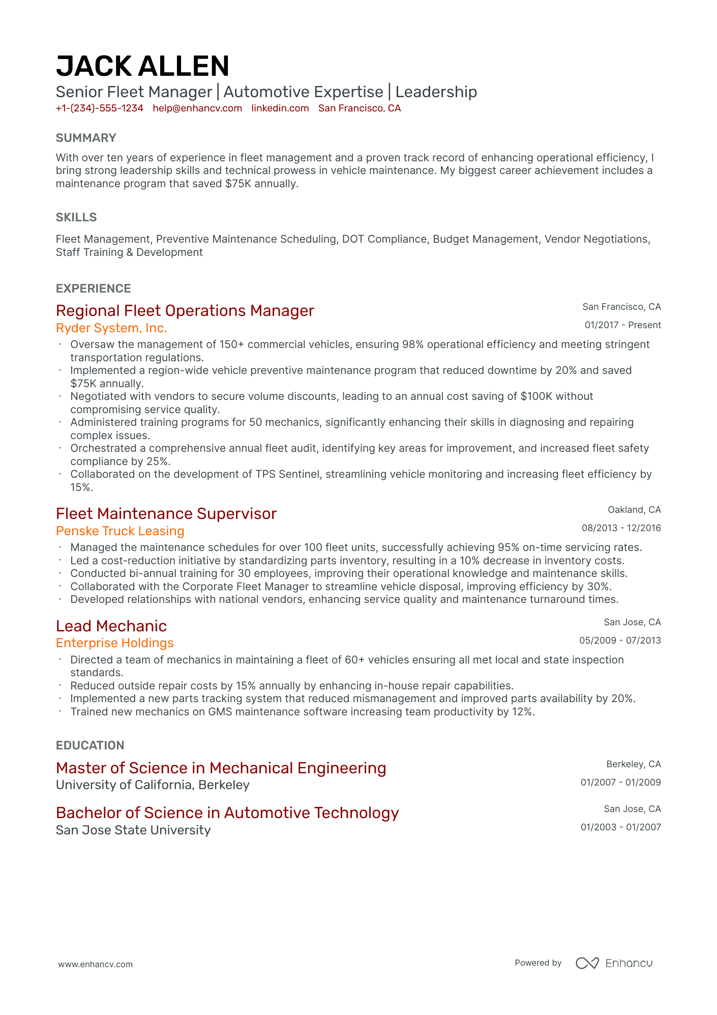 10 Fleet Manager Resume Examples & Guide for 2025