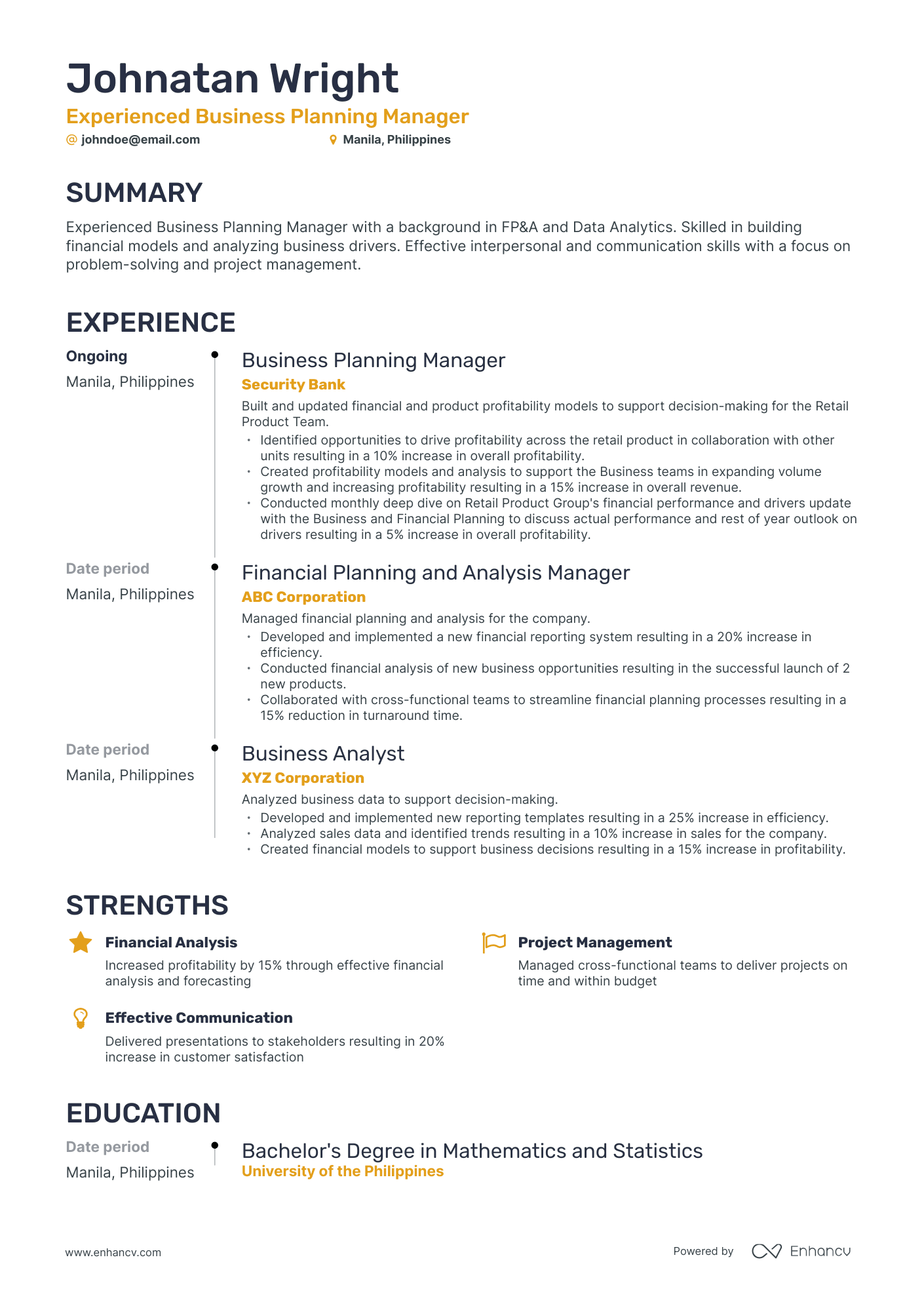 5 Business Planning Manager Resume Examples & Guide for 2024