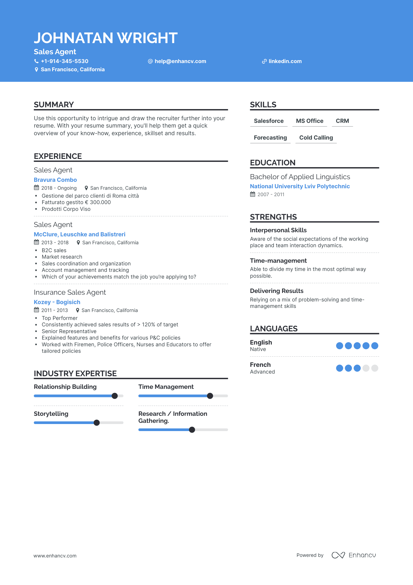 Sales Agent Resume Examples Guide For 2023 Layout Skills Keywords   AHR0cHM6Ly9jZG4uZW5oYW5jdi5jb20vcHJlZGVmaW5lZC1leGFtcGxlcy9YVDV2OXdXWVRwVXE4TDlCN2trb3pDS1pwa1J4dUNUUTJjSlBMYThSL2ltYWdlLnBuZw~~. 