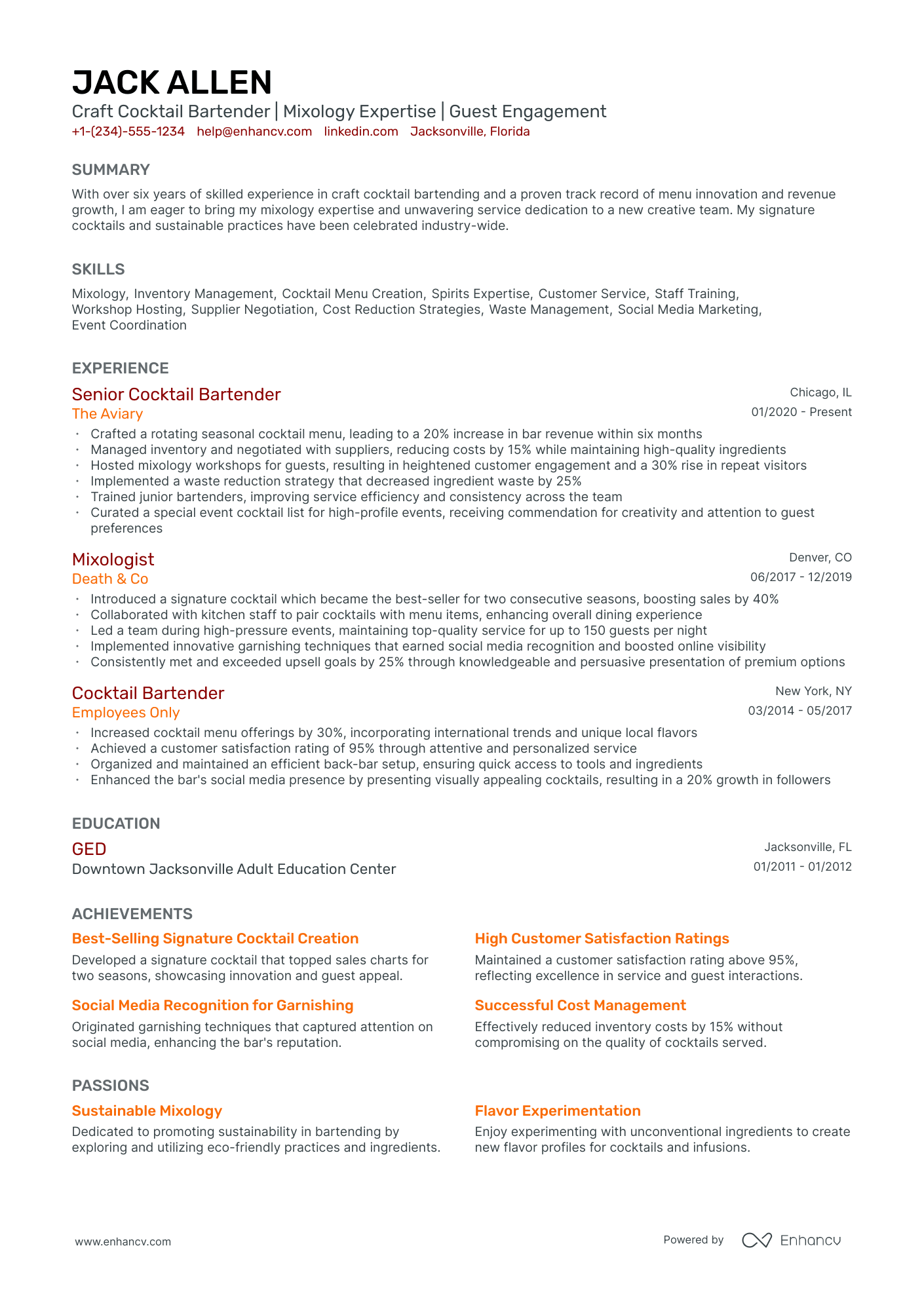 5 Cocktail Bartender Resume Examples & Guide for 2024