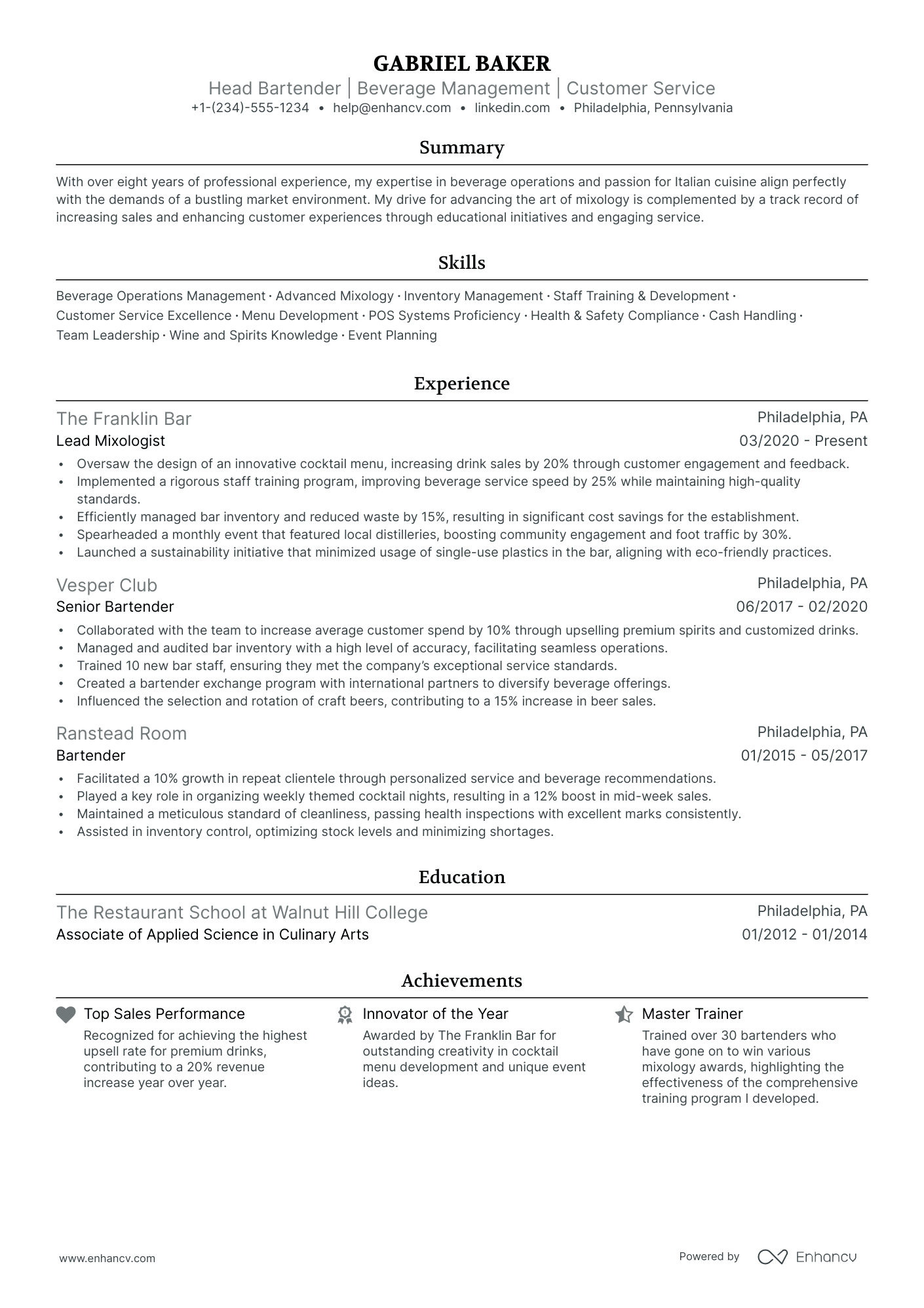 5 Head Bartender Resume Examples & Guide for 2024