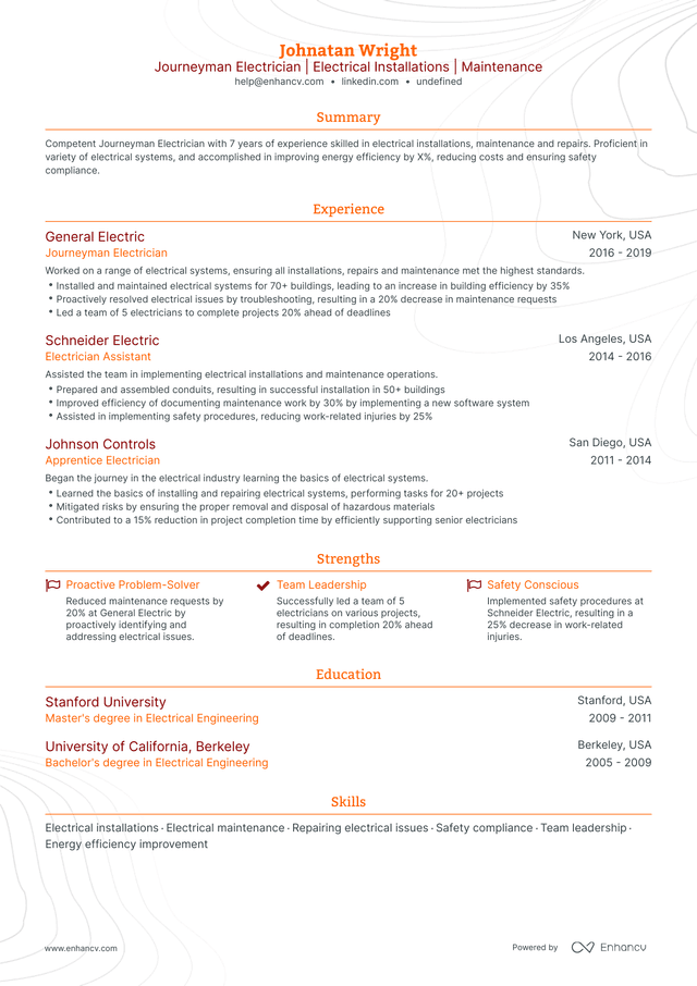 5 Journeyman Electrician Resume Examples & Guide for 2024