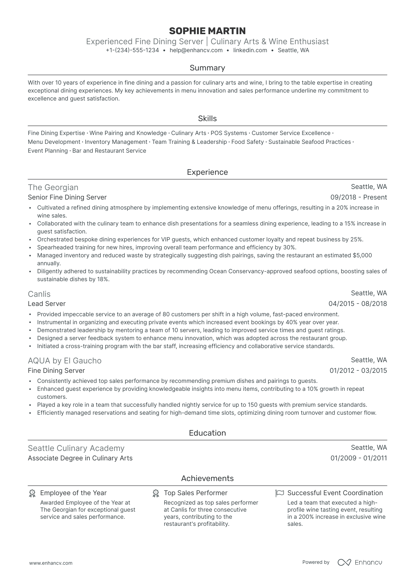 5 Fine Dining Server Resume Examples & Guide for 2024