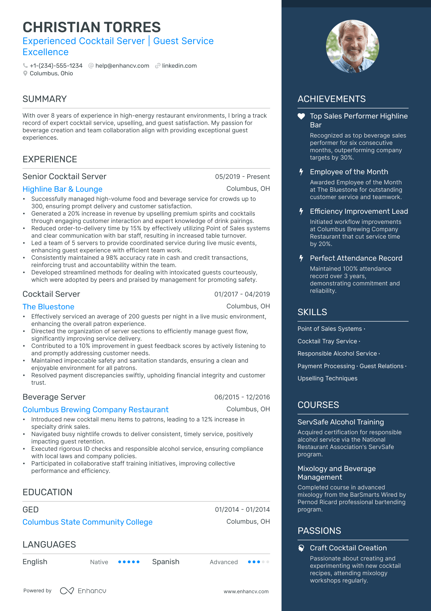 5 Cocktail Server Resume Examples & Guide for 2024