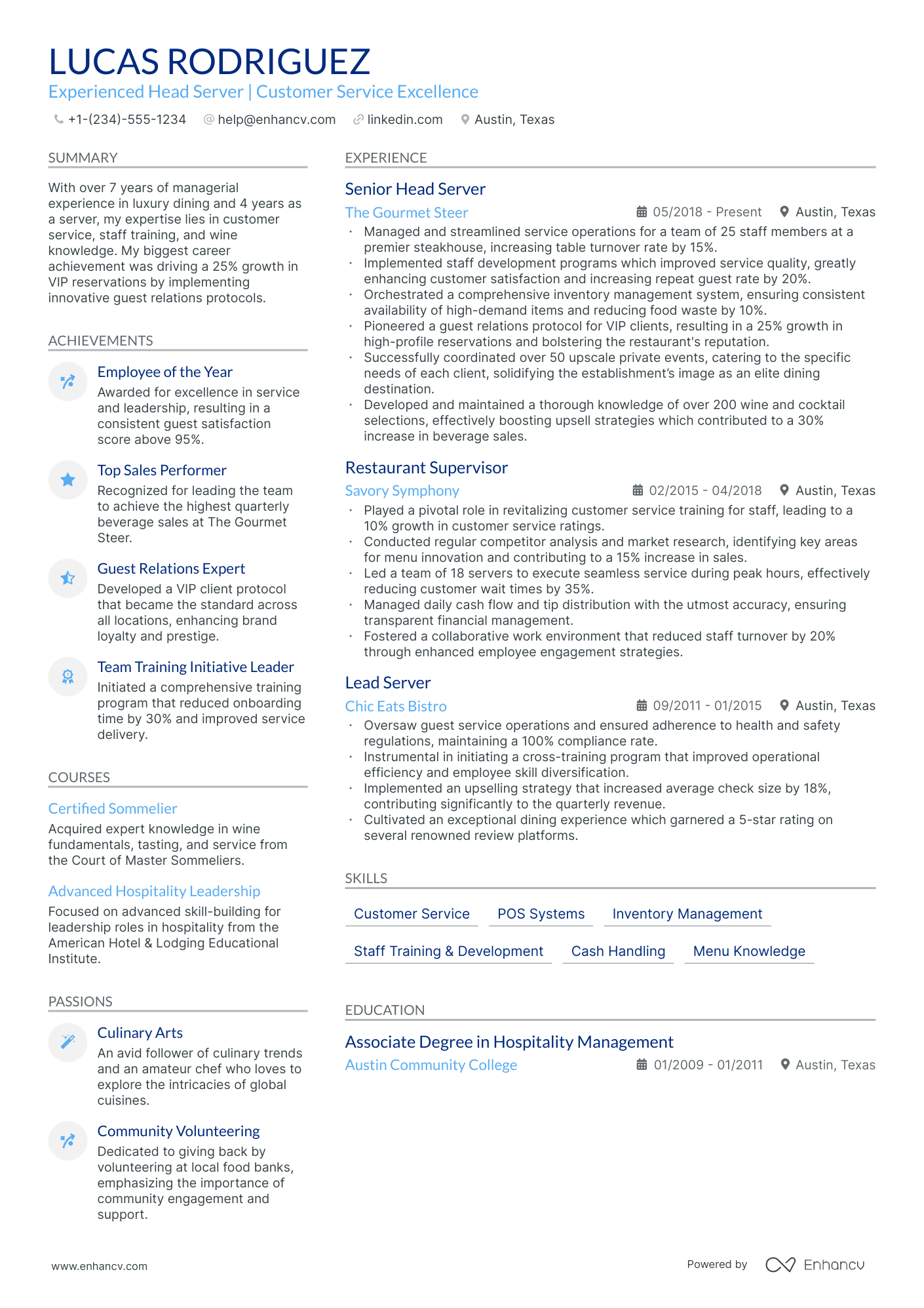 5 Head Server Resume Examples & Guide for 2024