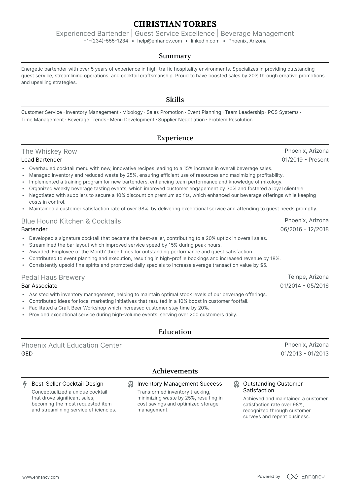 5 Hotel Bartender Resume Examples & Guide for 2024